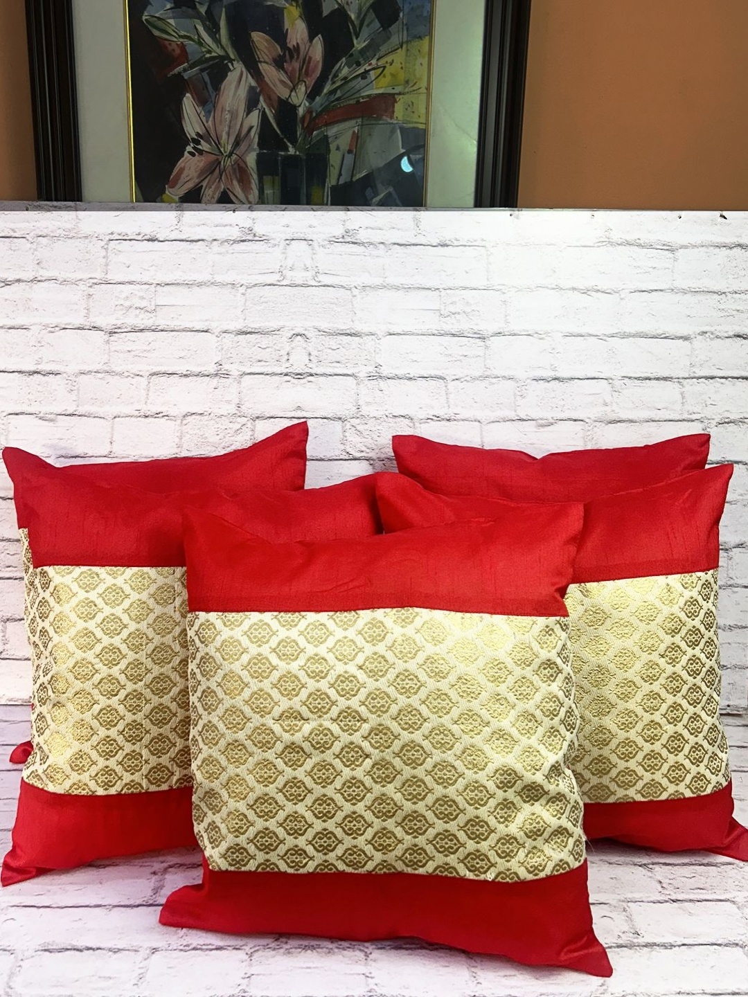 

Pink Parrot Red & Gold-Toned 5 Pieces Ethnic Motifs Square Cushion Covers