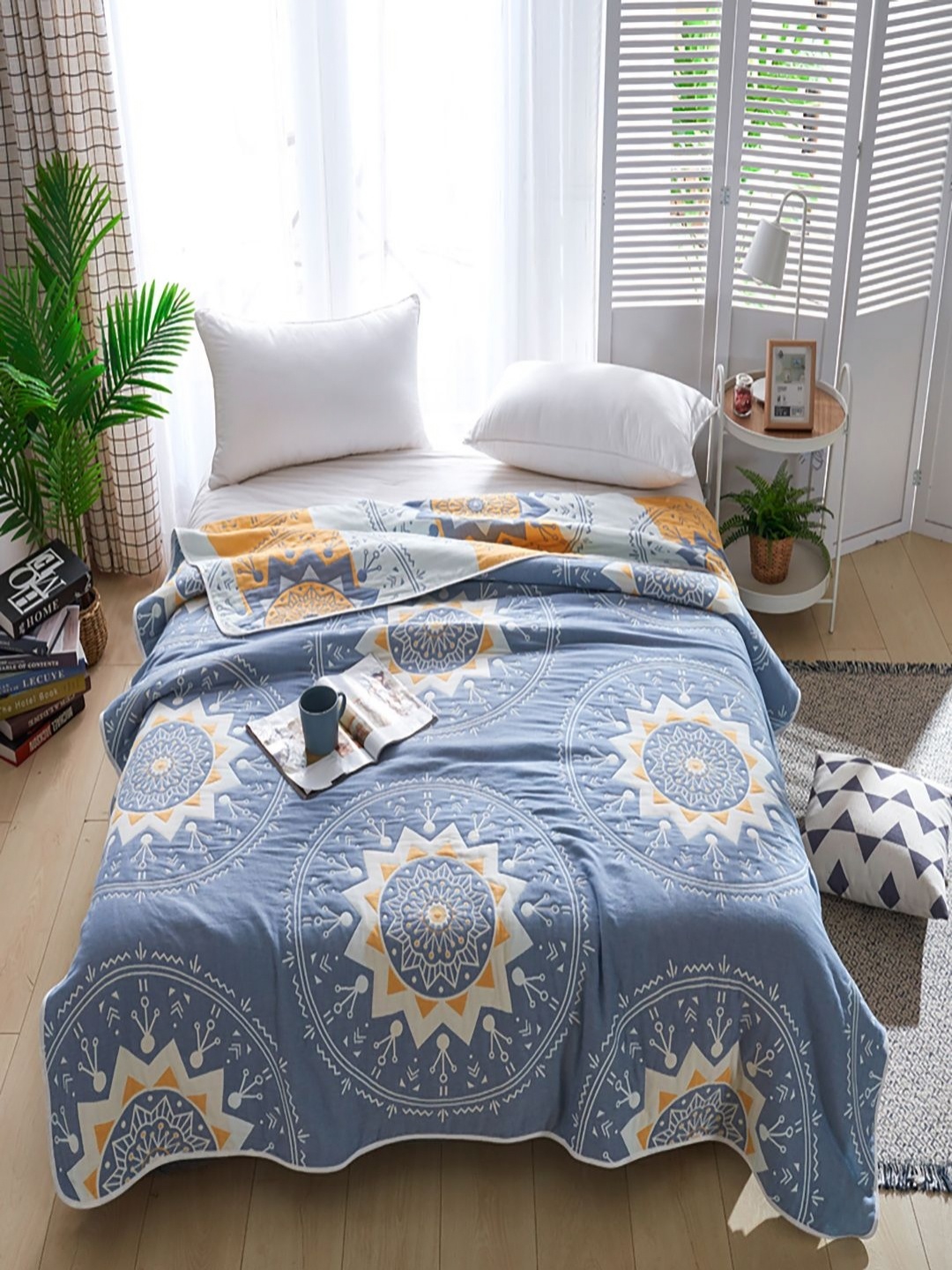 

JC HOME Blue & White Ethnic Motifs Printed Pure Cotton AC Room 400 GSM Single Bed Quilt