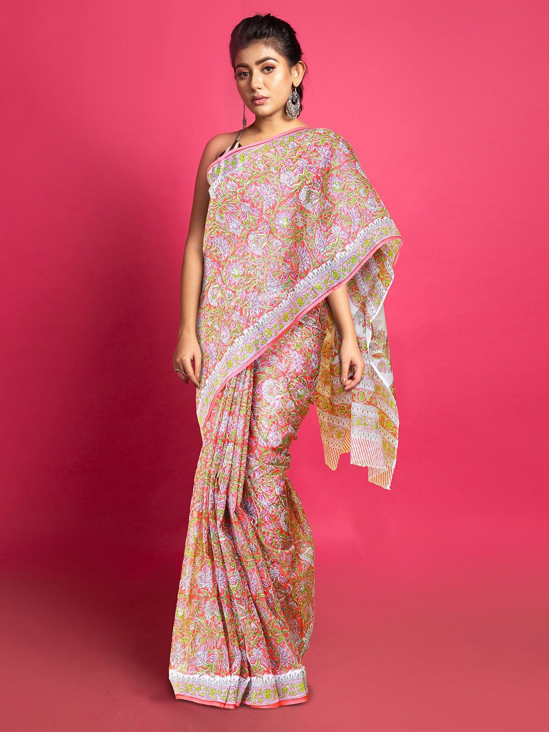 

Unnati Silks Ethnic Motifs Bock Print Saree, Peach
