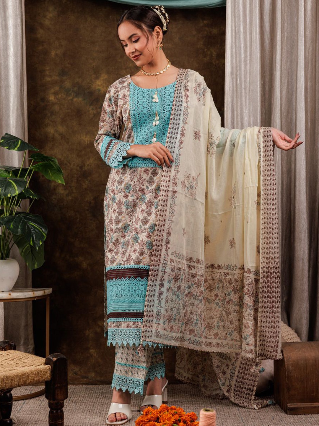 

Yufta Blue Floral Printed Round Neck Pure Cotton Lace Kurta With Trousers & Dupatta