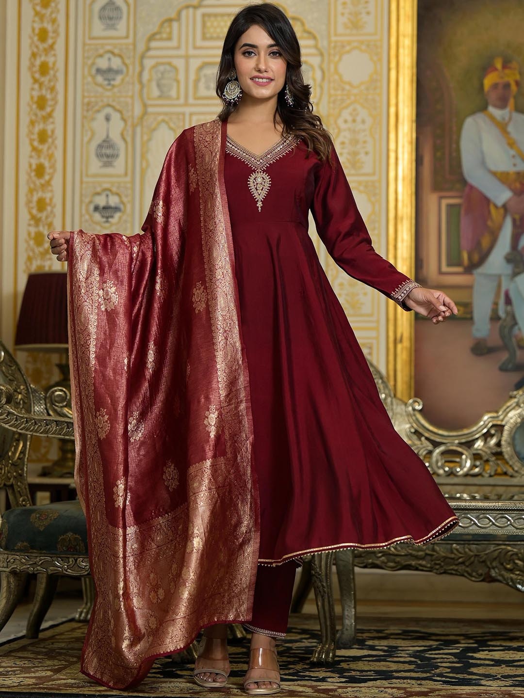 

Juniper Floral Yoke Design V-Neck A-Line Kurta With Trousers & Dupatta, Maroon