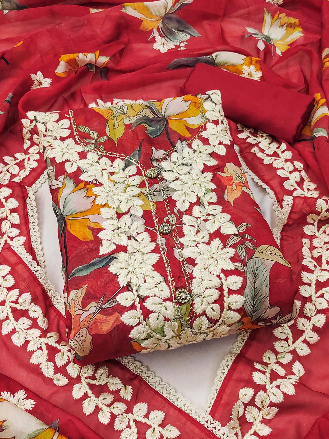 

Maroosh Floral Embroidered Beads and Stones Organza Unstitched Dress Material, Red