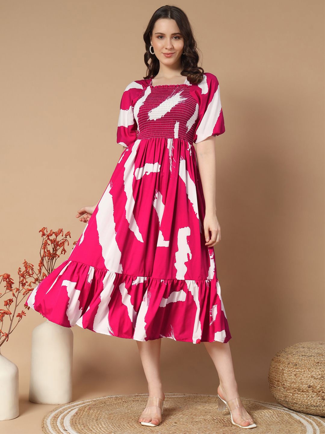 

OTABU Women Printed Square Neck Puff Sleeve A-Line Dress, Pink