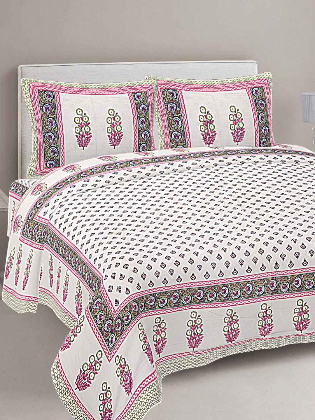 

FrionKandy Living Pink & White Printed Cotton 180 TC King Bedsheet With 2 Pillow Covers