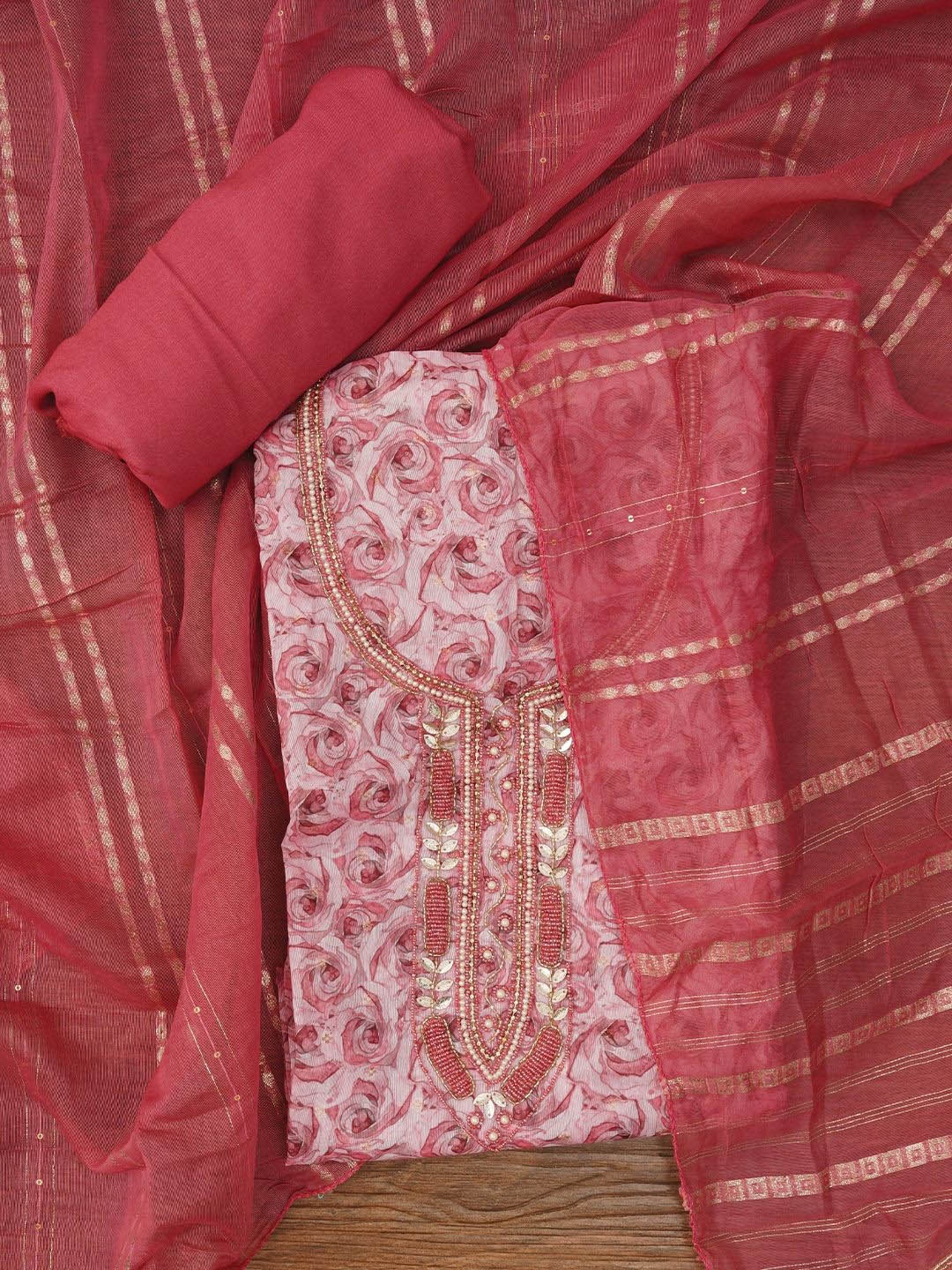 

Jaipur Kurti Unstitched Embellished Cotton Blend Dress Material with Dupatta, Pink