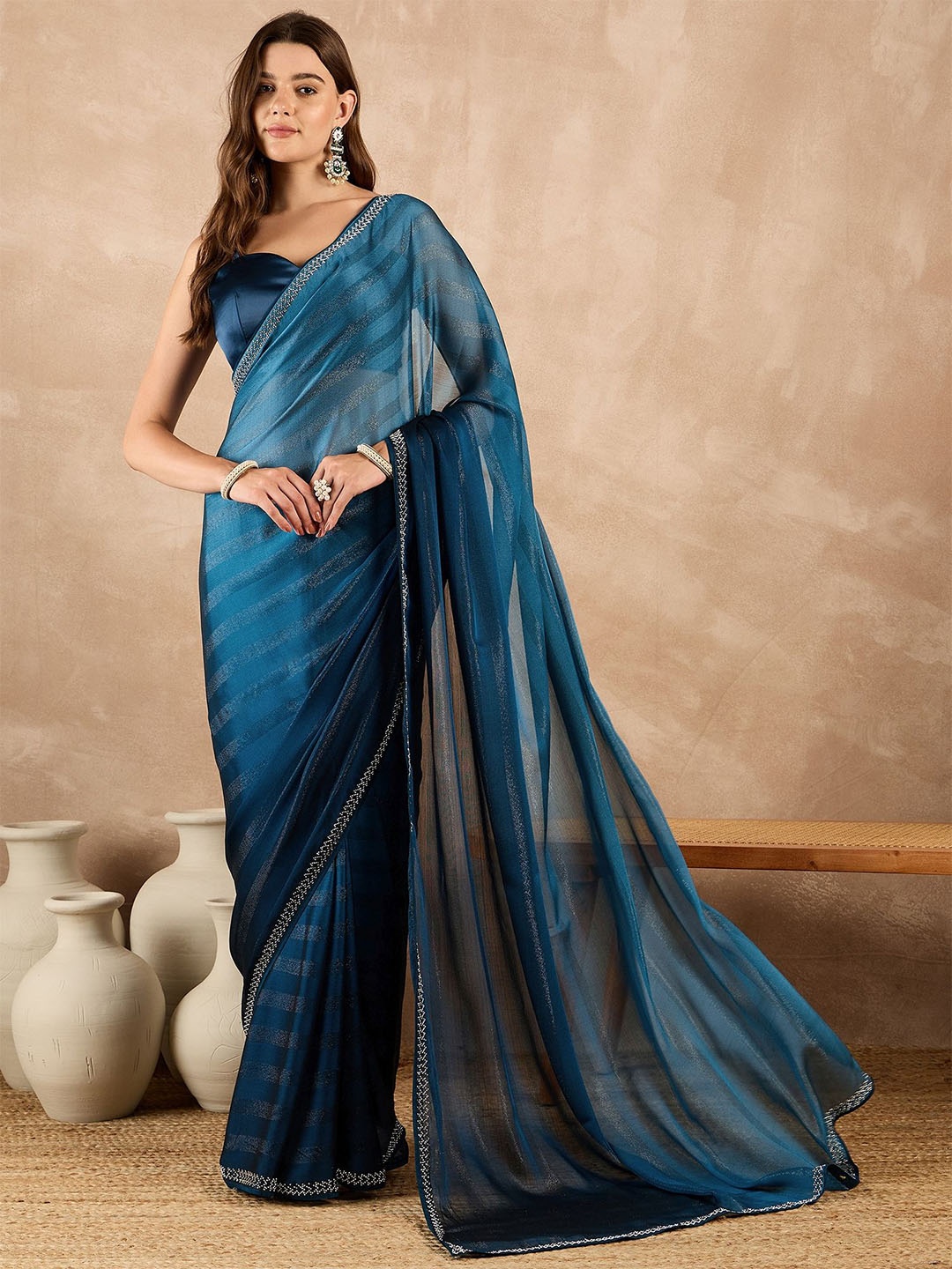 

all about you Striped Pure Chiffon Saree, Blue