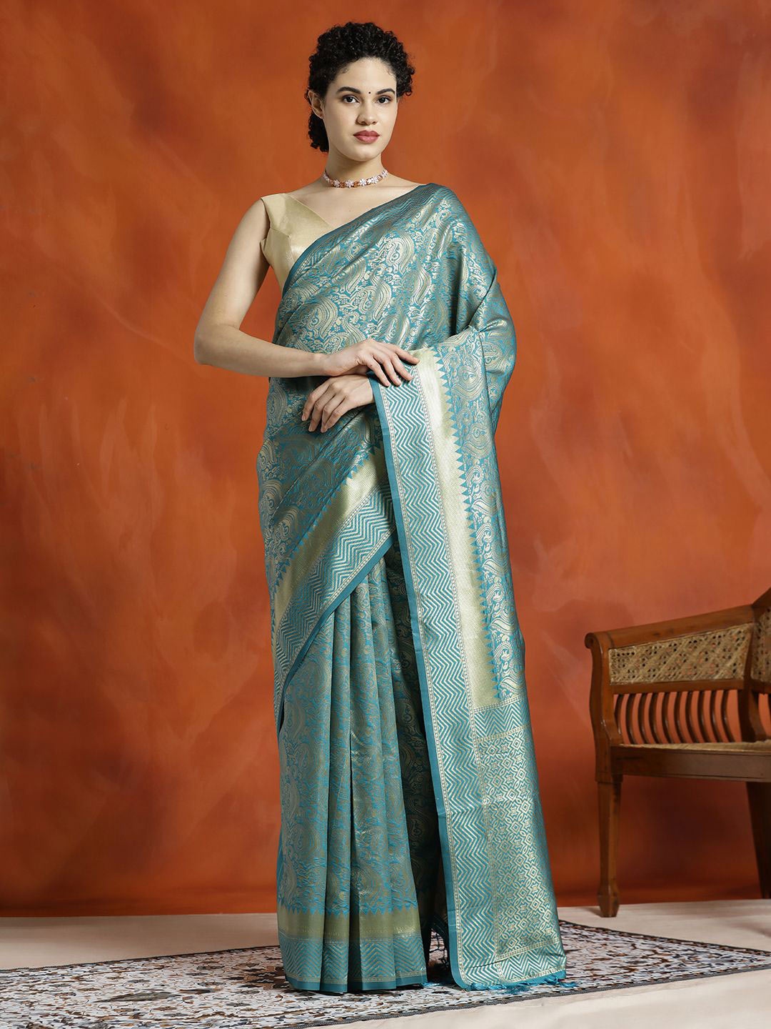 

Jaipur Kurti Heavy Banarasi Zari Woven Silk Blend Saree, Teal