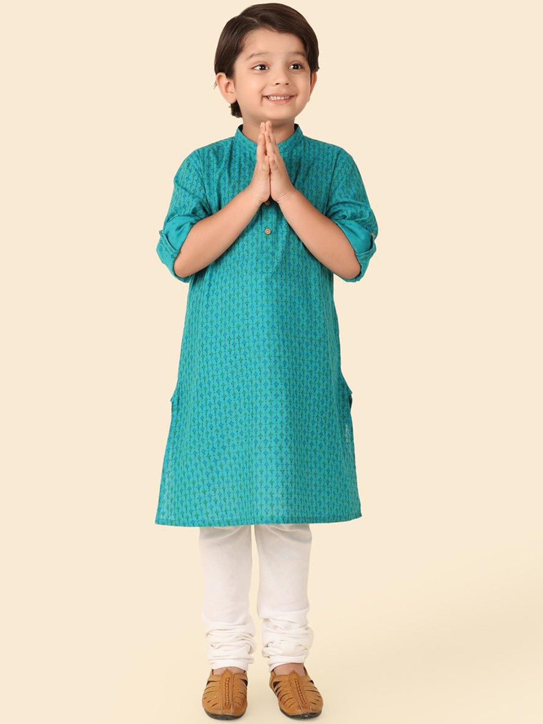 

Fabindia Boys Ethnic Motifs Printed Band Collar Cotton Straight Kurta, Teal