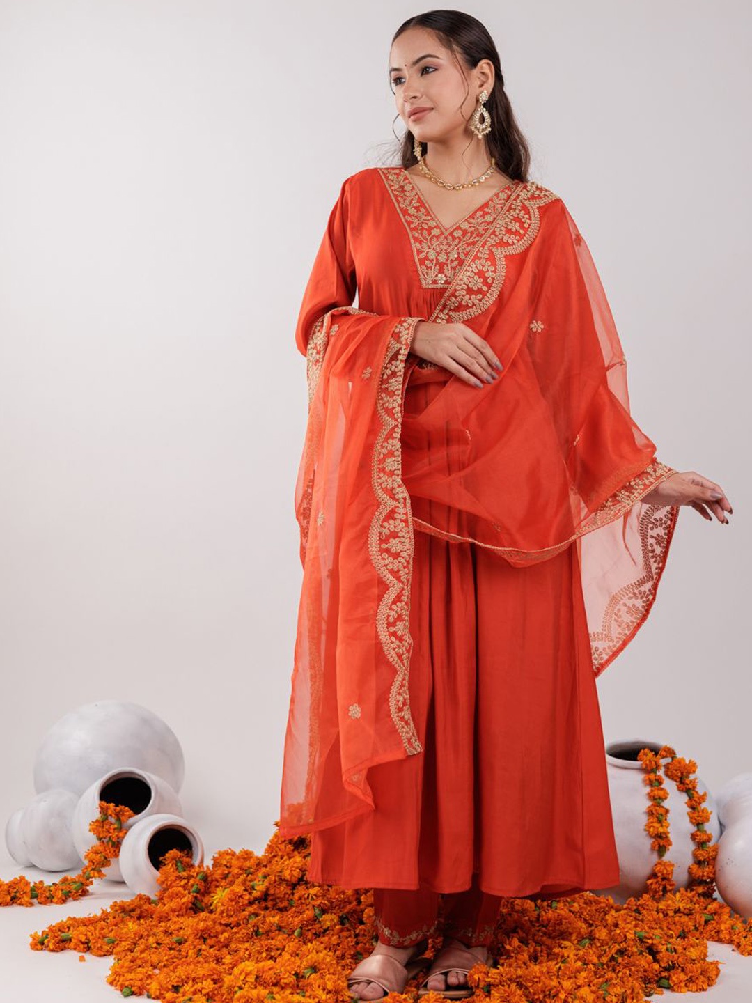 

Yufta Floral Yoke Design Regular Sequinned Kurta with Trouser & Dupatta, Orange