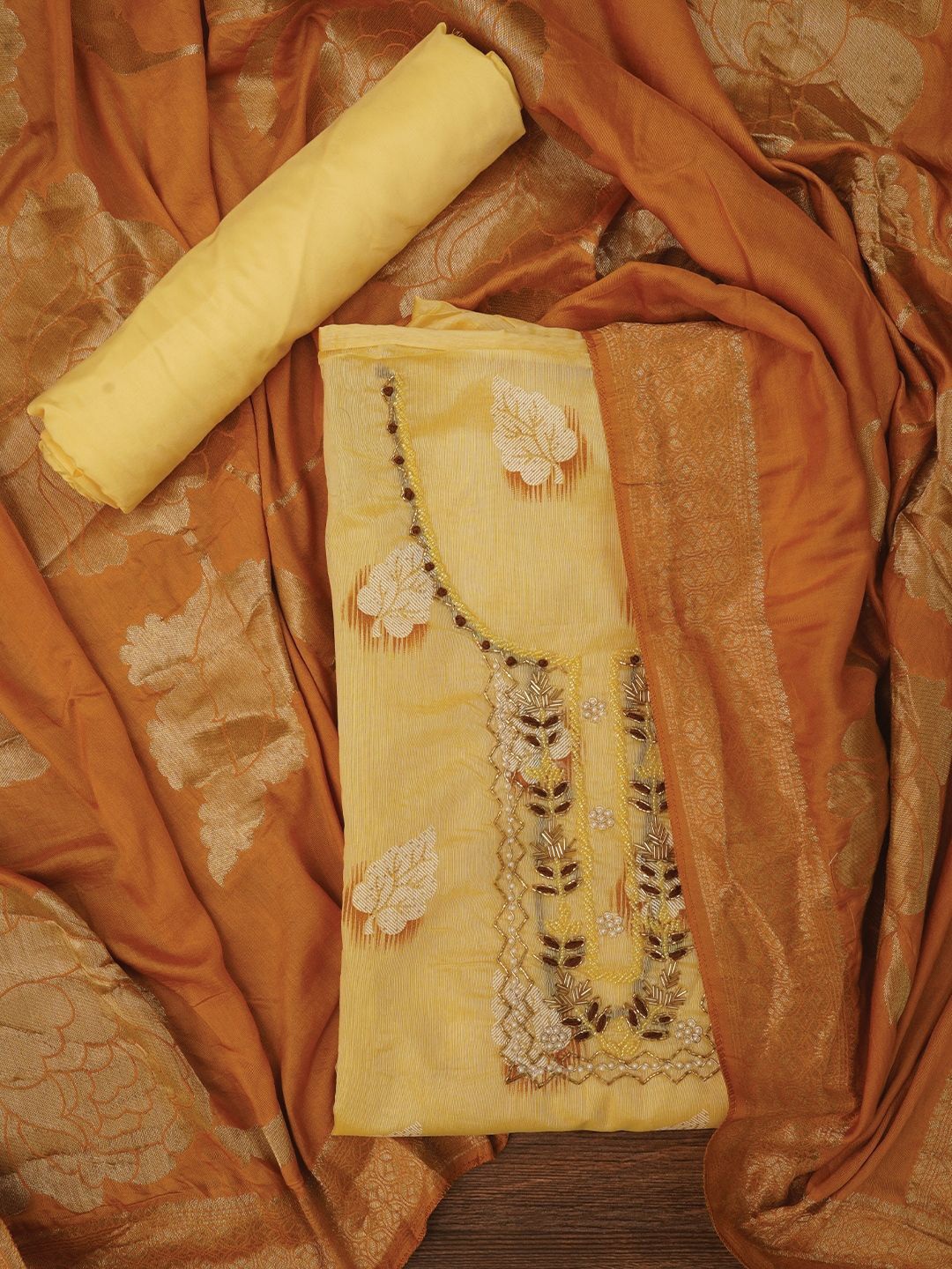 

Jaipur Kurti Embellished Woven Design Cotton Dress Material with Dupatta, Yellow