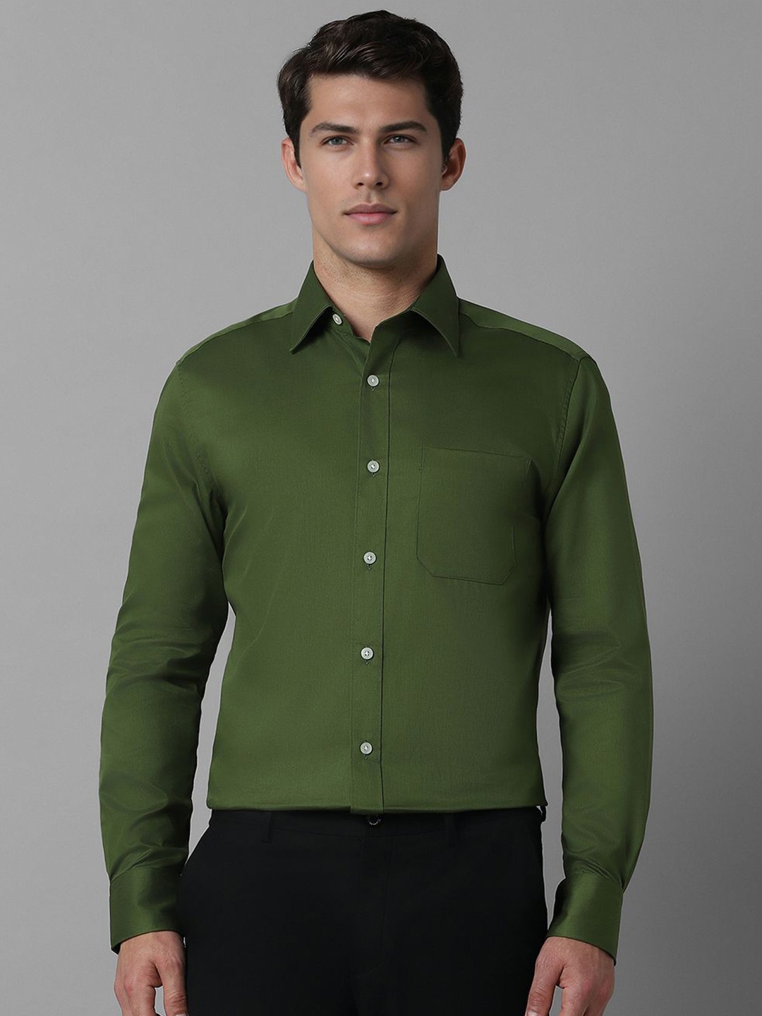 

Louis Philippe Men Classic Spread Collar Solid Cotton Formal Shirt, Olive