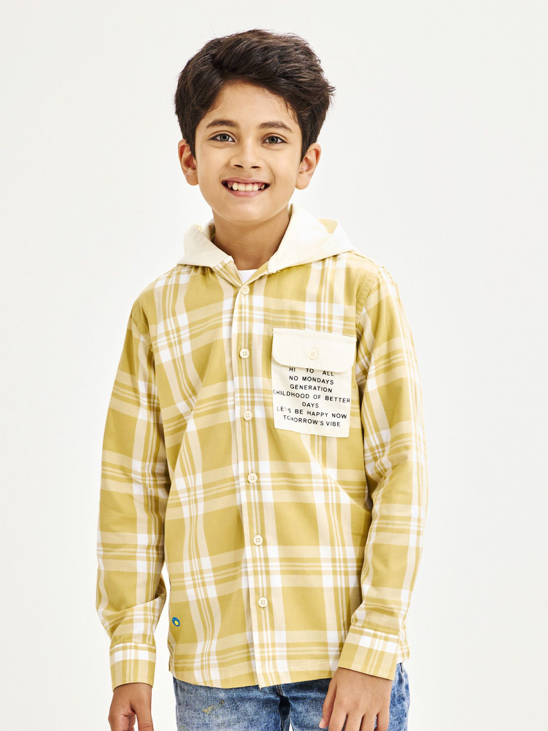 

NO MONDAYS Boys Relaxed Hood Tartan Checked Cotton Casual Shirt, Yellow