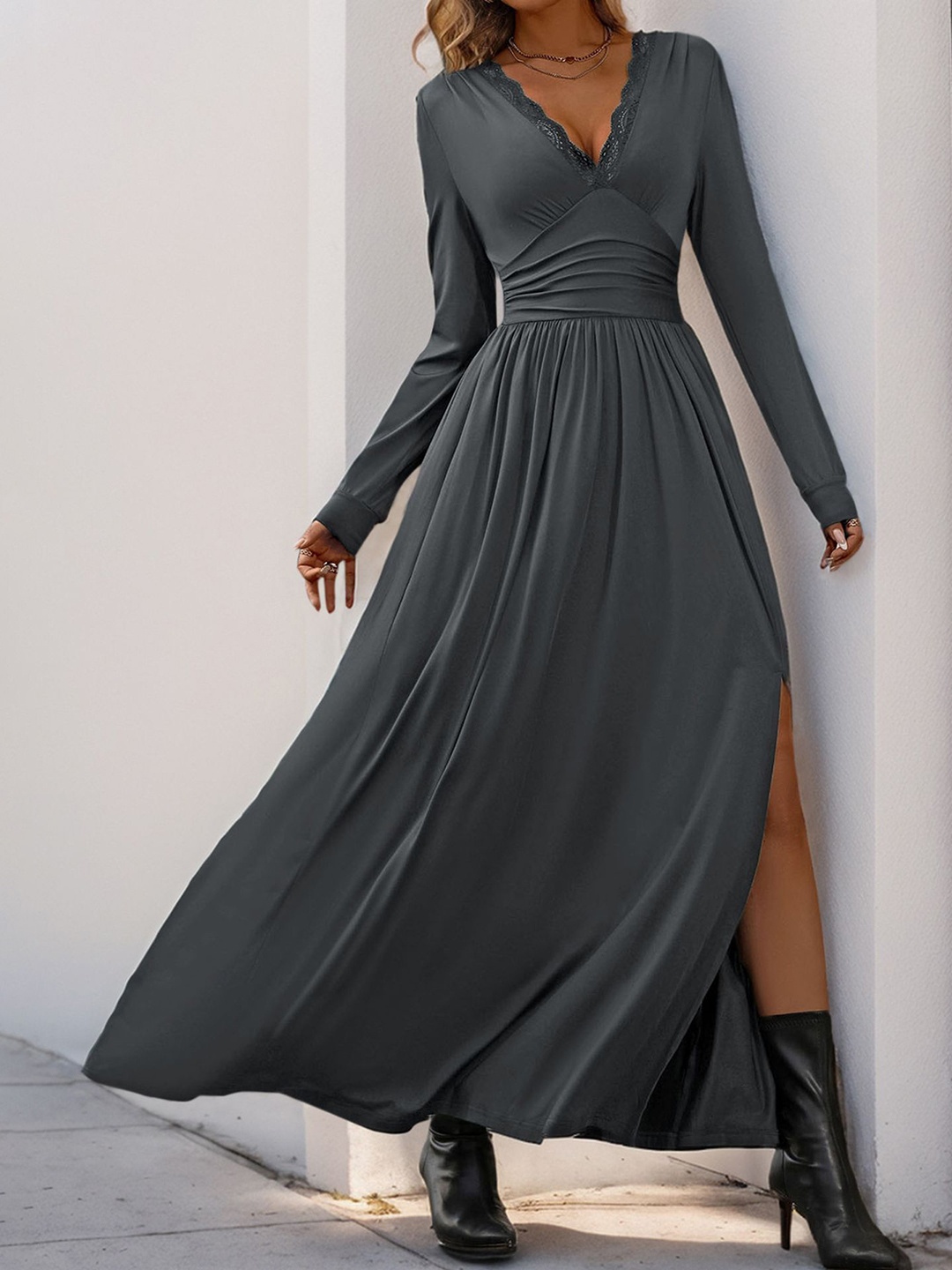 

StyleCast x Revolte Women Solid V-Neck Maxi Dress, Grey