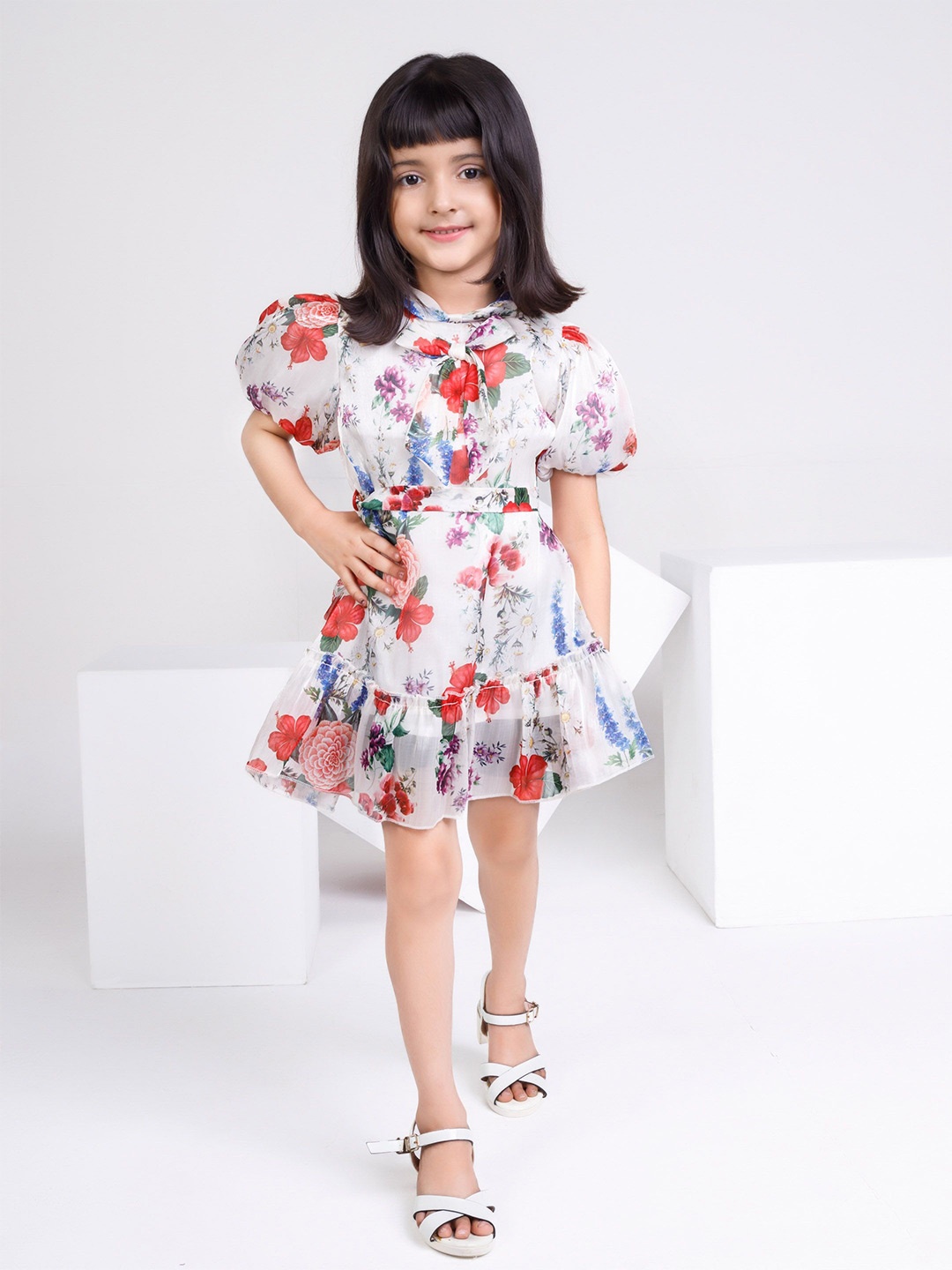 

Peppermint Girls Floral Printed Puff Sleeve Fit and Flare Dress, White