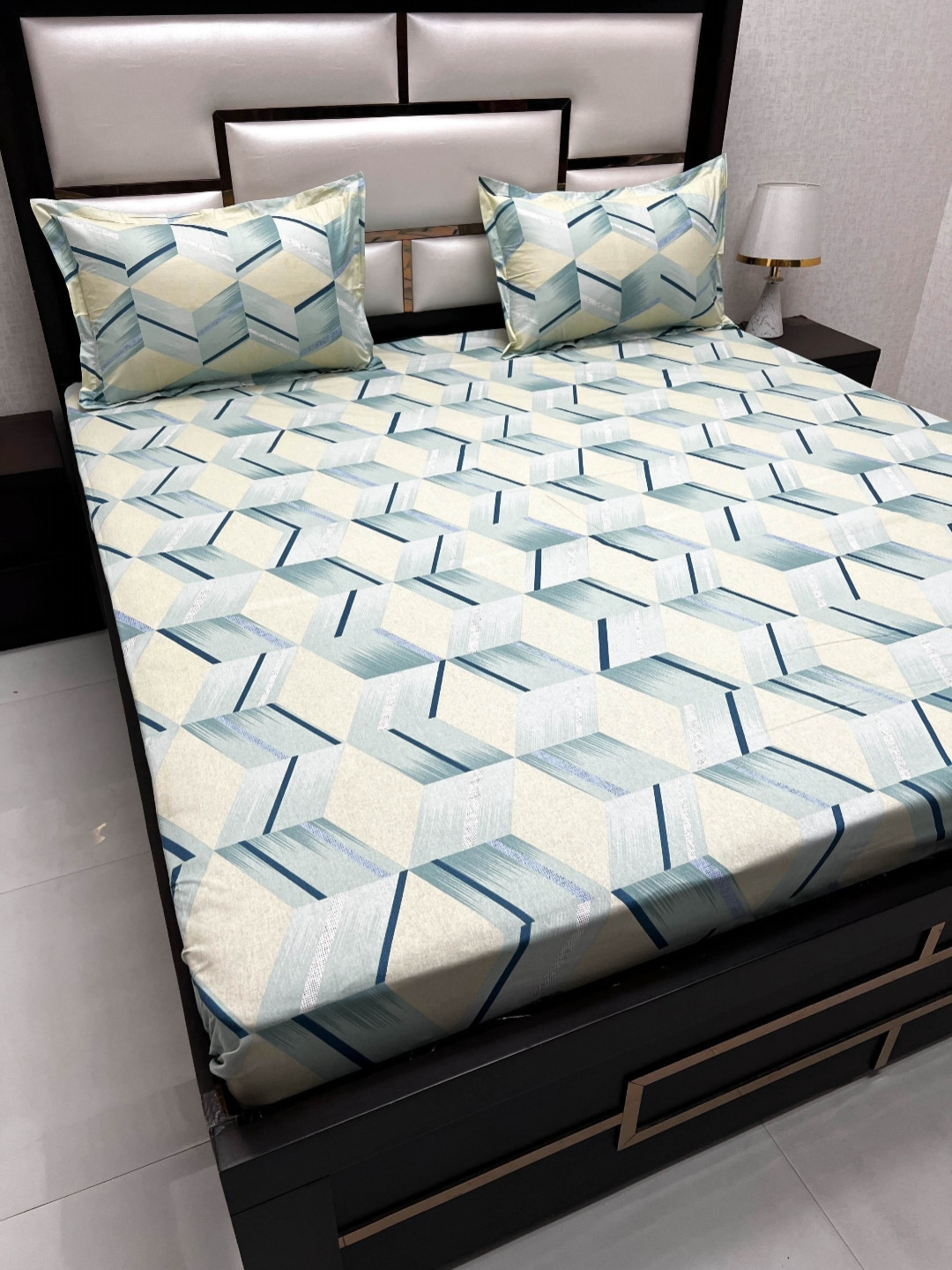 

Pure Decor Cream & Blue Geometric Pure Cotton 240 TC Queen Bedsheet with 2 Pillow Covers