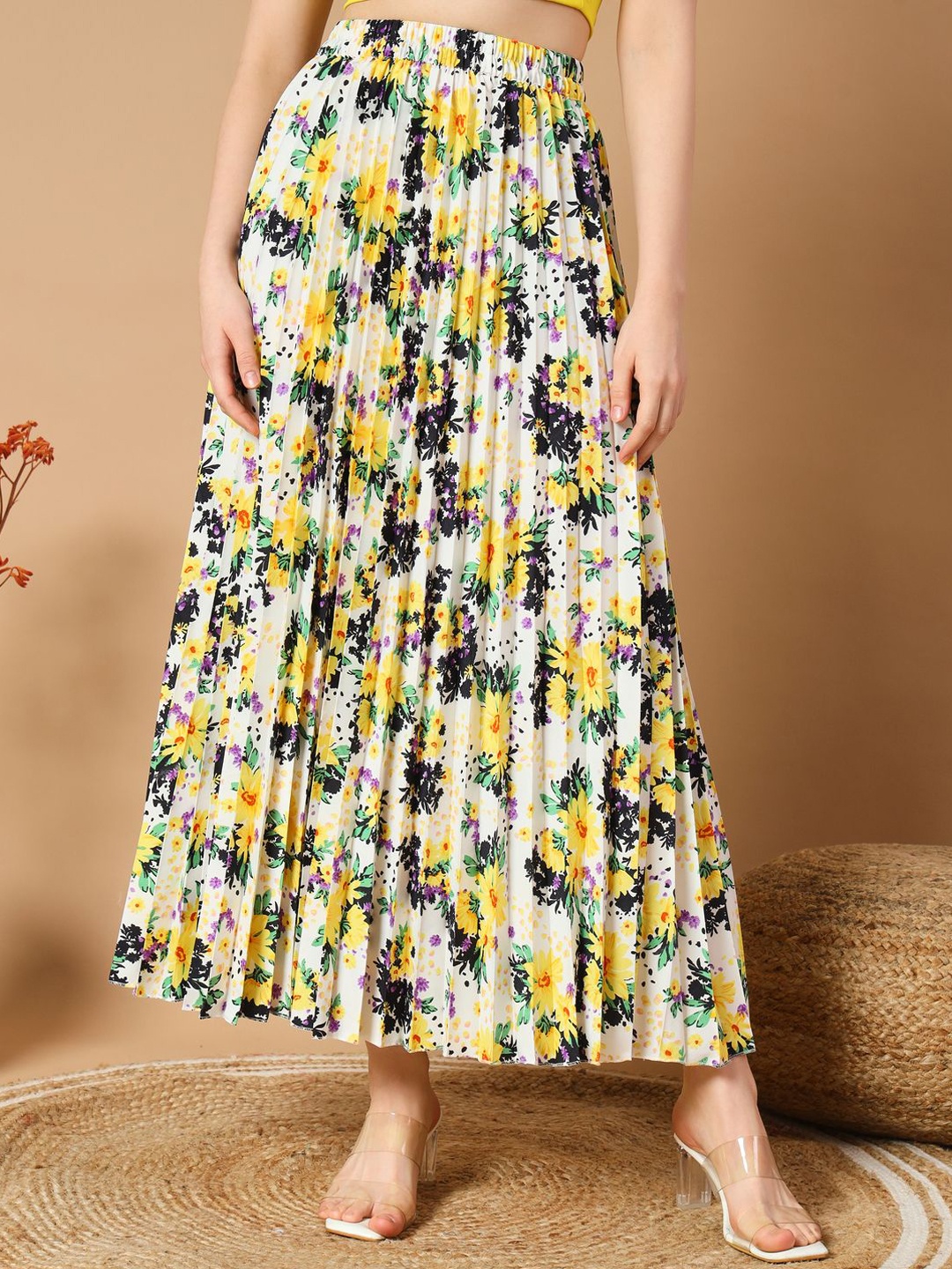

OTABU Floral Printed Accordian Pleated Flared Maxi Skirts, White