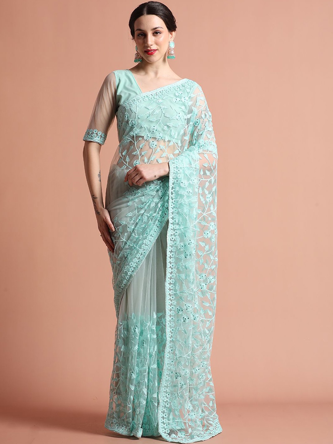 

Jaipur Kurti Party Wear Floral Embroidered Net Saree, Sea green