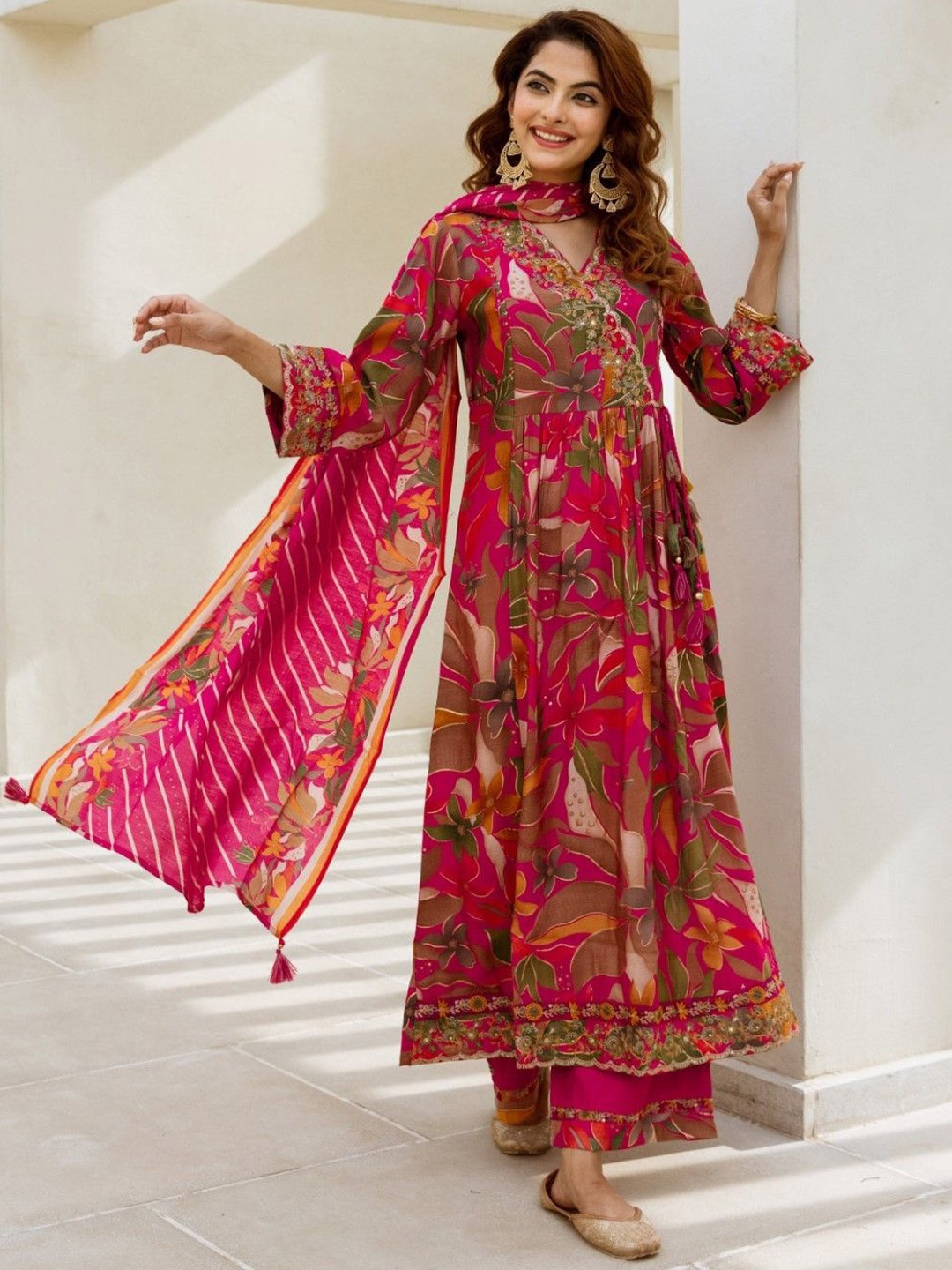 

AUTUMN LANE Floral Printed Beads & Stones Pure Cotton Anarkali Kurta & Palazzo & Dupatta, Red