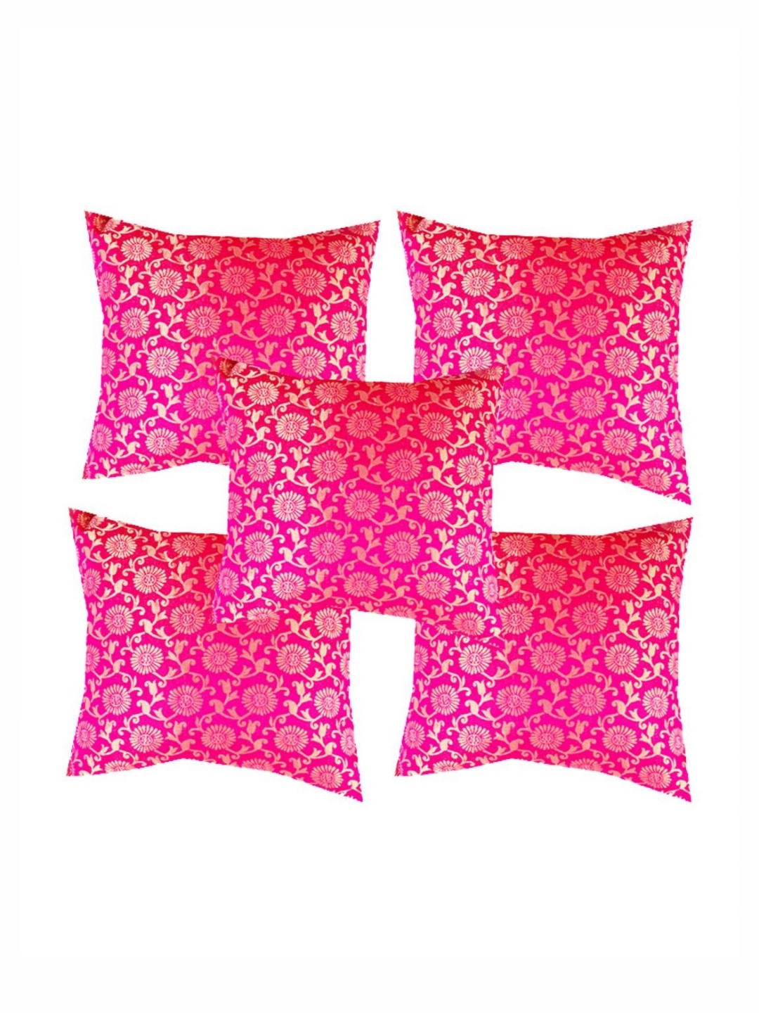 

Pink Parrot Pink & Gold Toned 5 Pieces Floral Printed Jacquard Square Cushion Covers