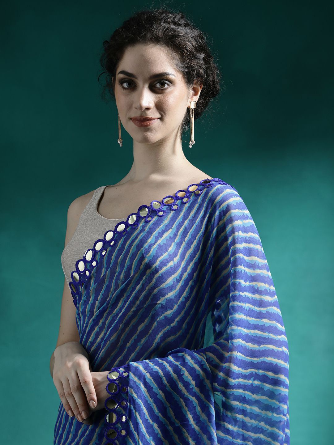 

Sangria Laheriya Printed Mirror Work Embellished Border Saree, Blue