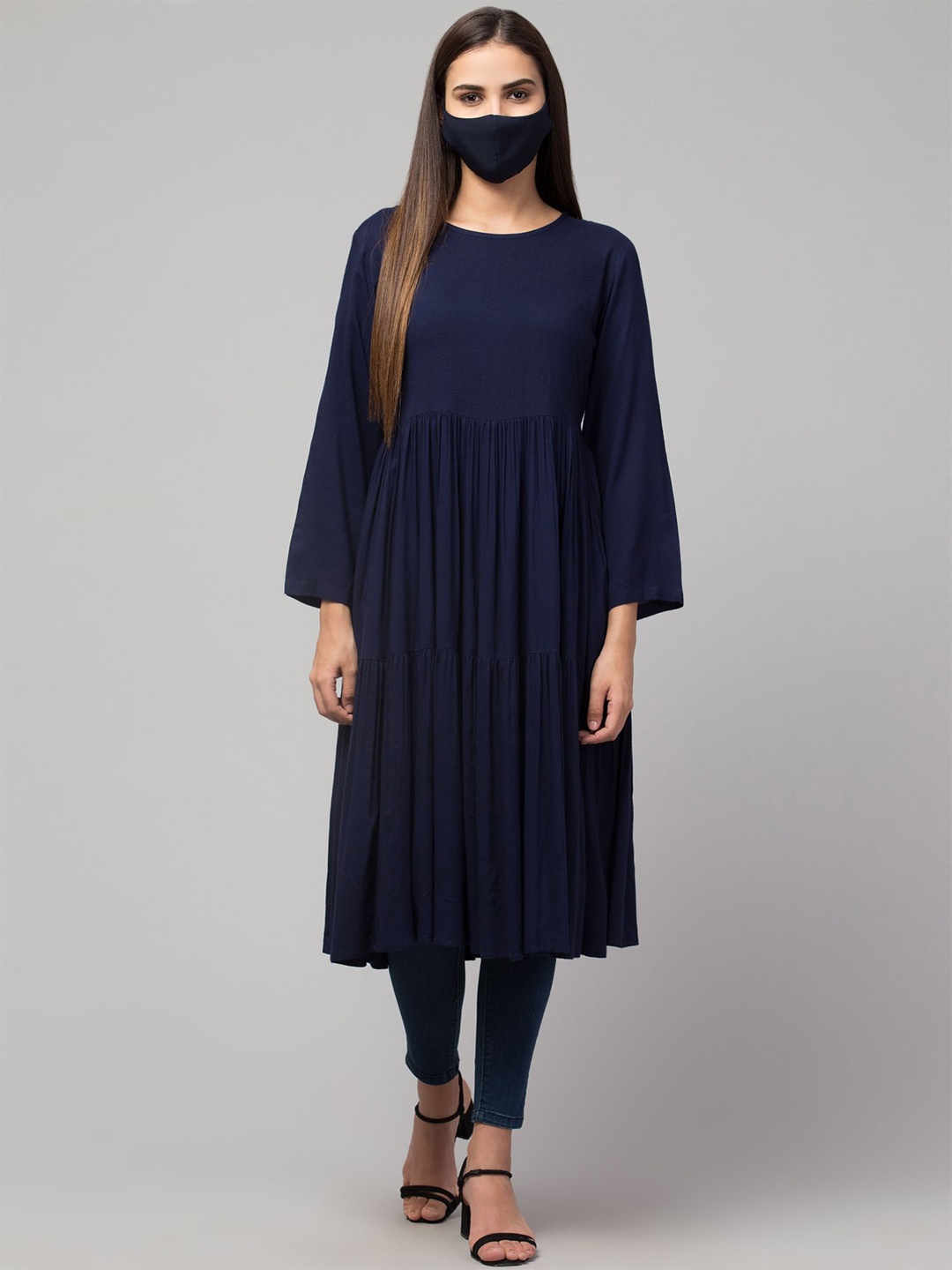 

MUSHKIYA A-Line Flared Kurta, Navy blue
