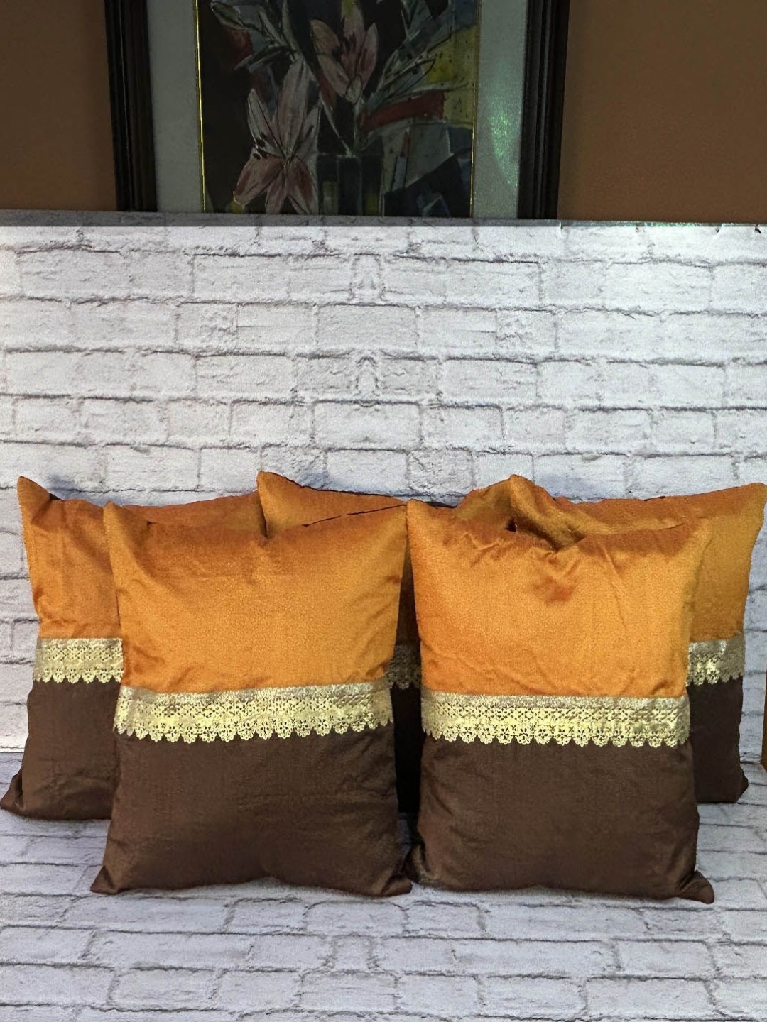 

Pink Parrot Beige & Orange 5 Pieces Jacquard Silk Colourblocked Square Cushion Covers