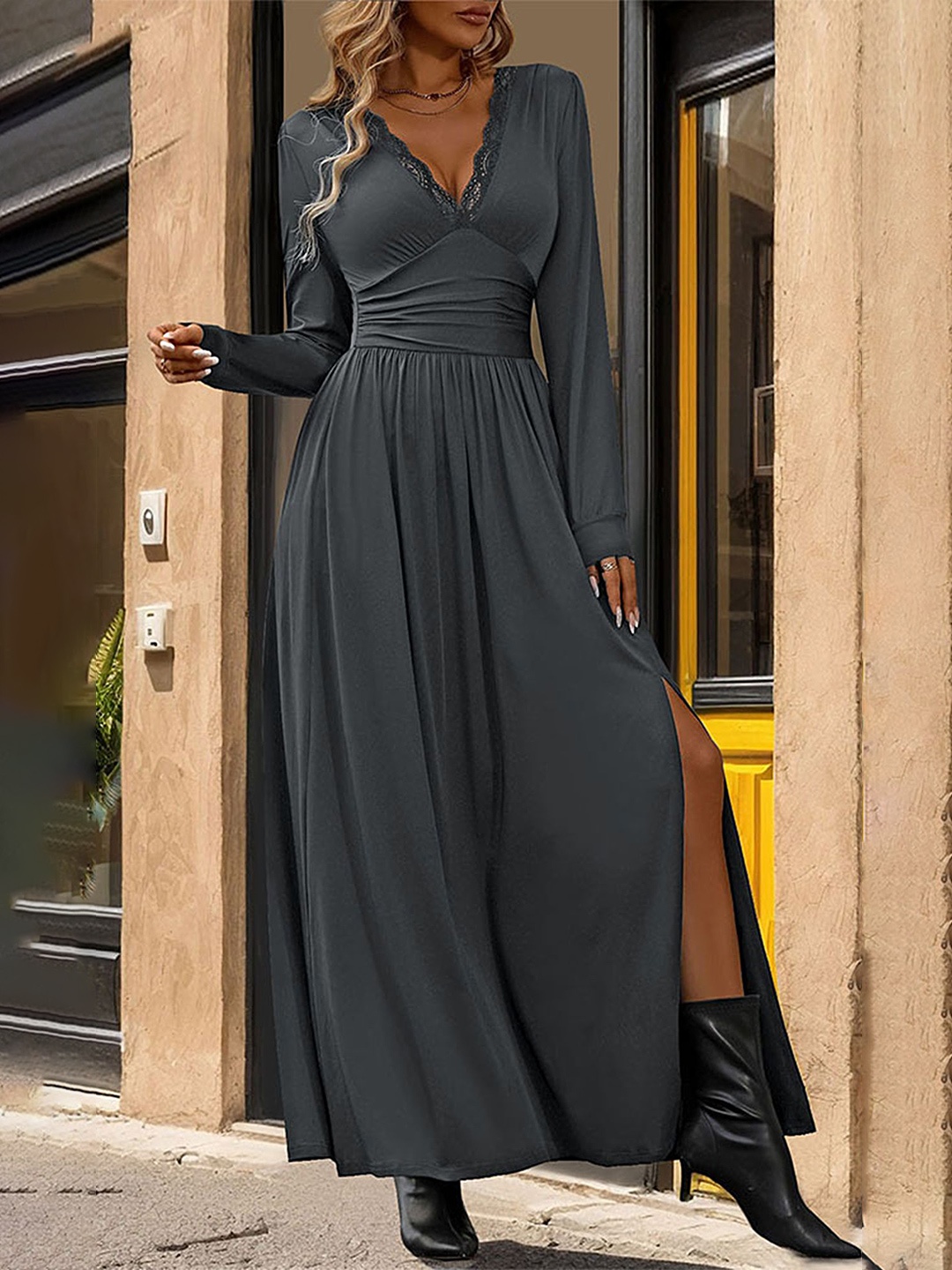 

LULU & SKY Women V-Neck Flared Slit Maxi Dress, Grey