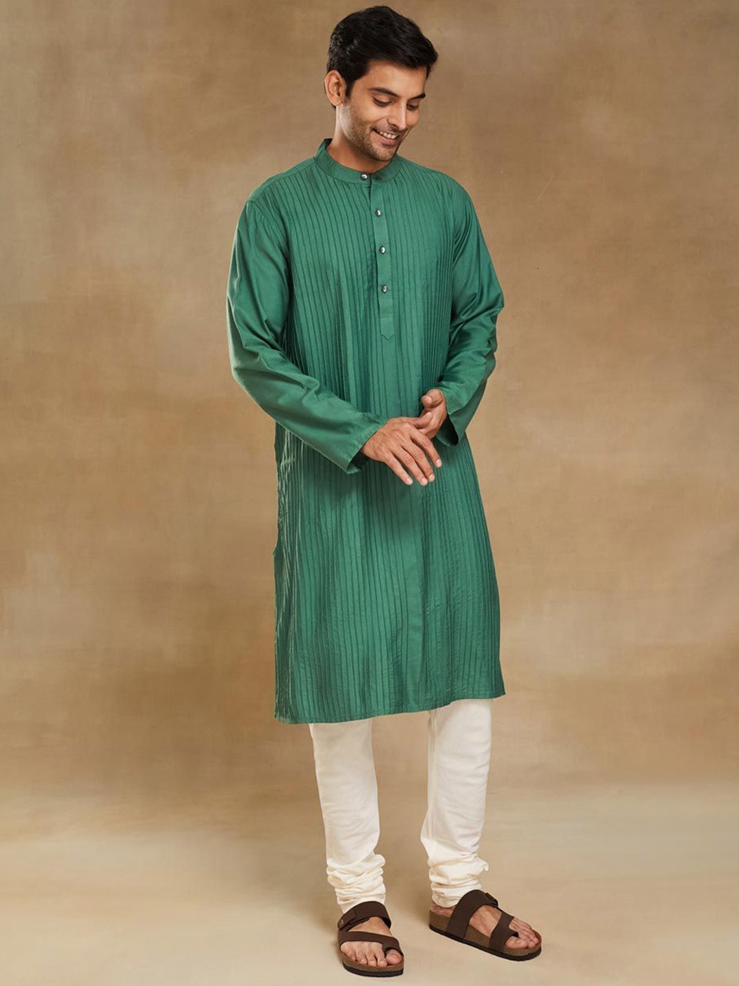 

Fabindia Striped Band Collar Straight Kurta, Green