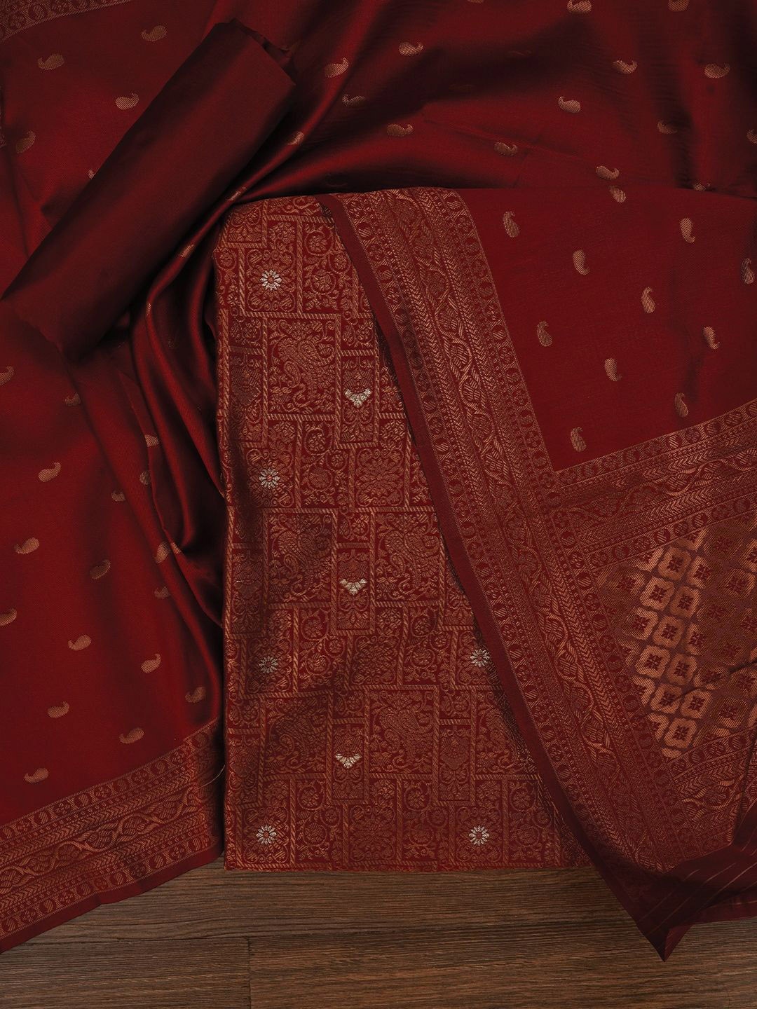 

Jaipur Kurti Red Silk Zari Woven Dress Material with Dupatta