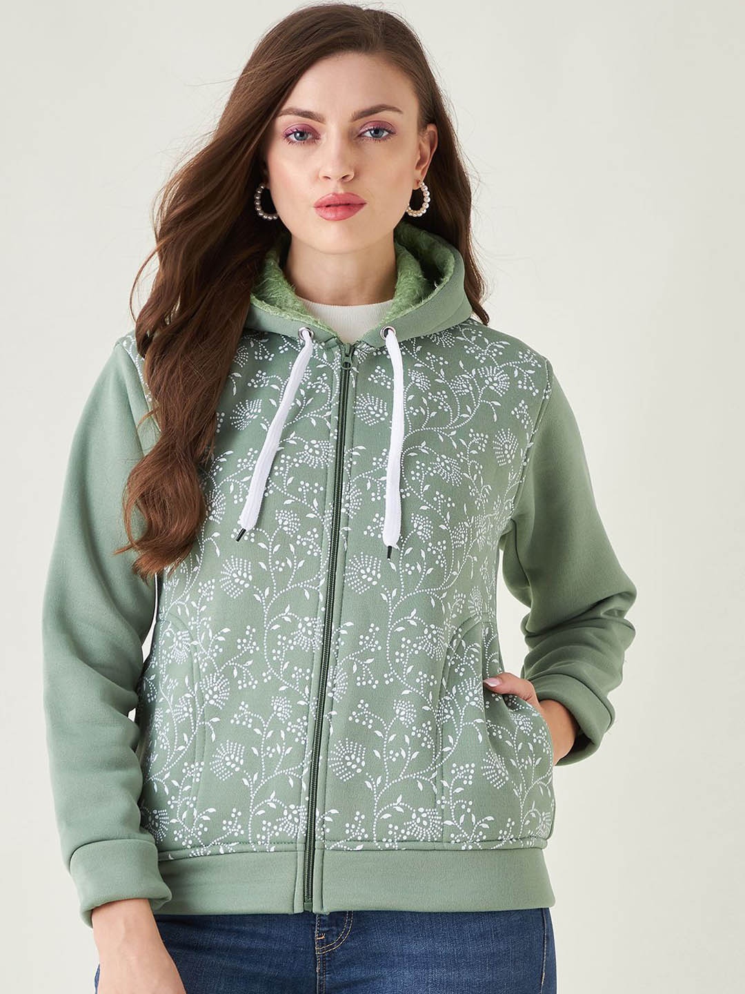 

PIVL Women Floral Printed Windcheater Hooded Jacket, Green