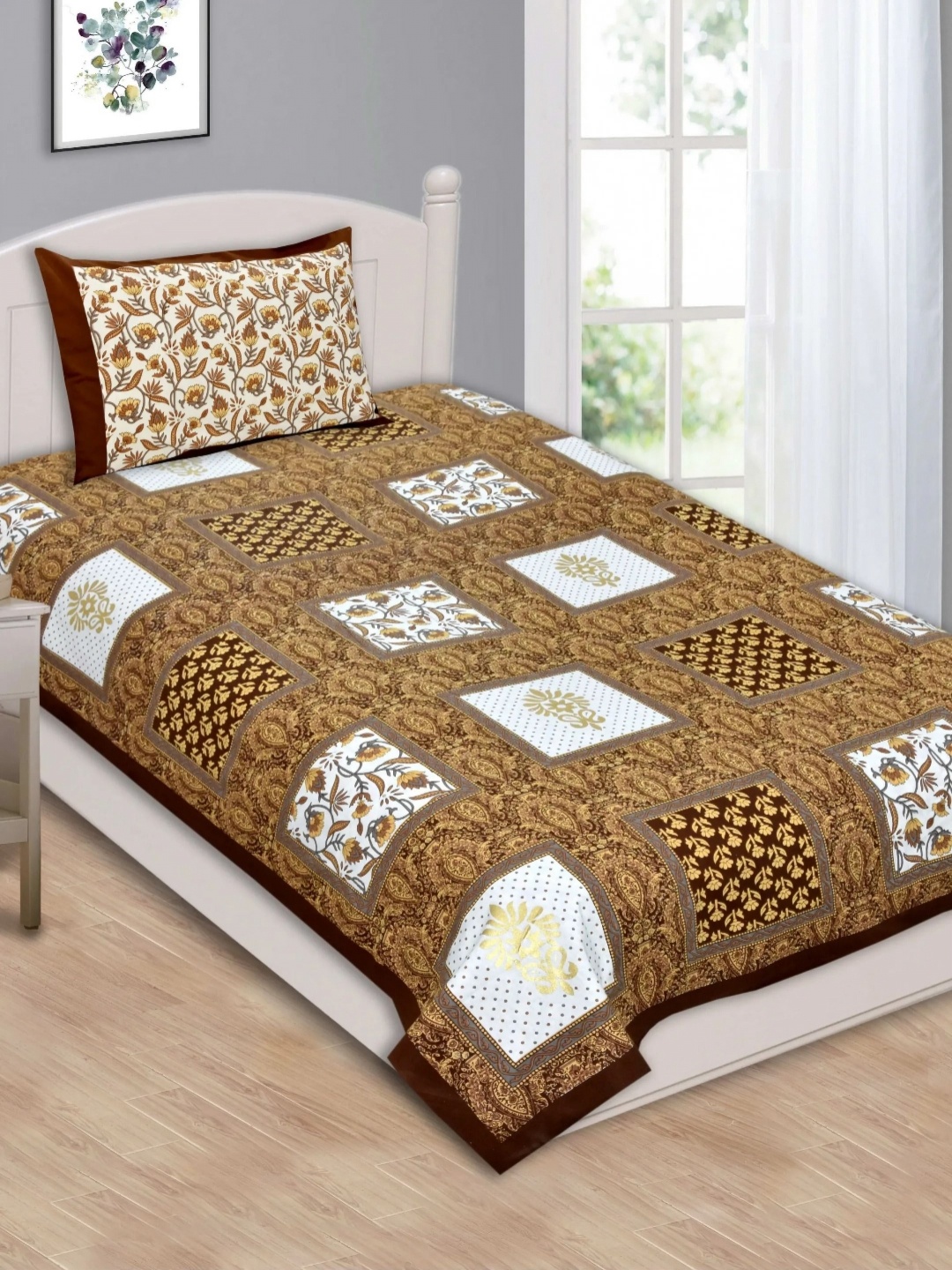 

LIVING ROOTS Yellow & White Ethnic Motifs Cotton 144TC Single Bedsheet with 1 Pillow Cover