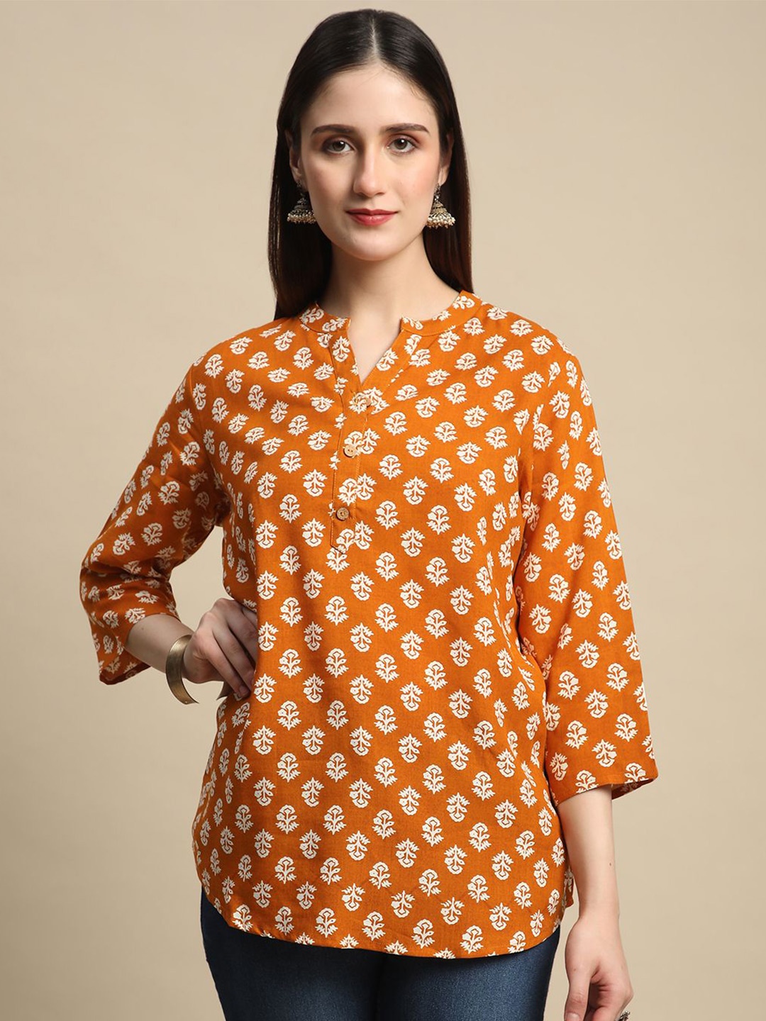 

BAPS Floral Printed Pure Cotton Kurti, Orange