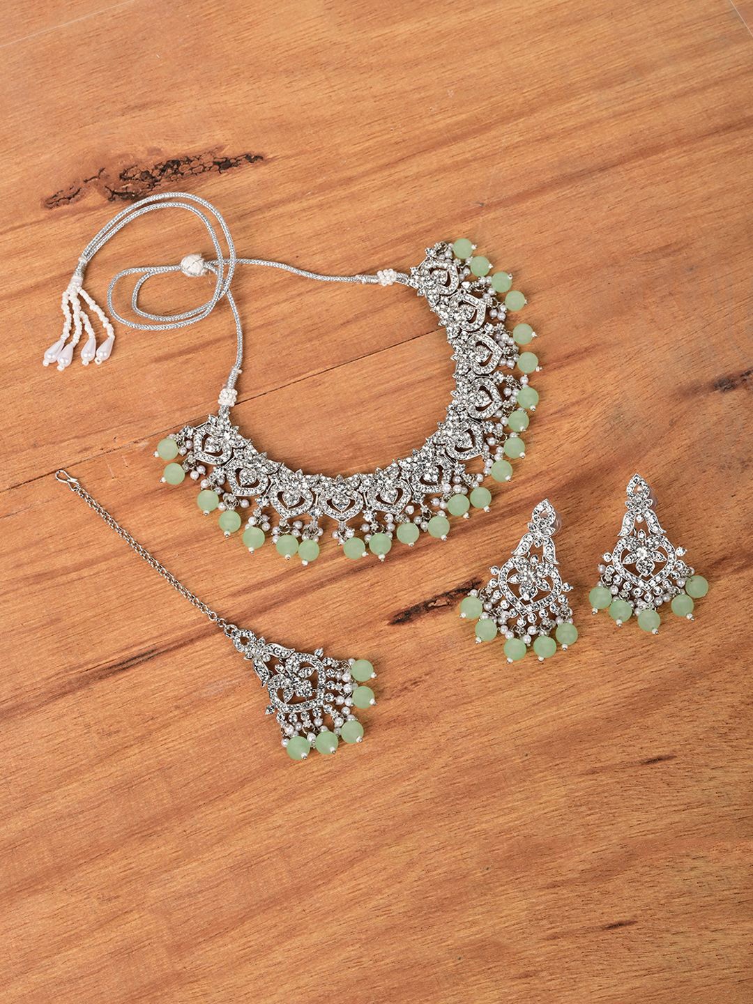 

Keviv Rhodium-Plated American Diamond Antique Jewellery Set, Silver