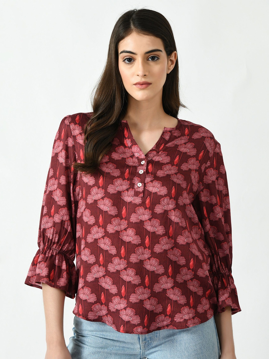 

Sini Lifestyle Floral Print Bell Sleeve Top, Maroon