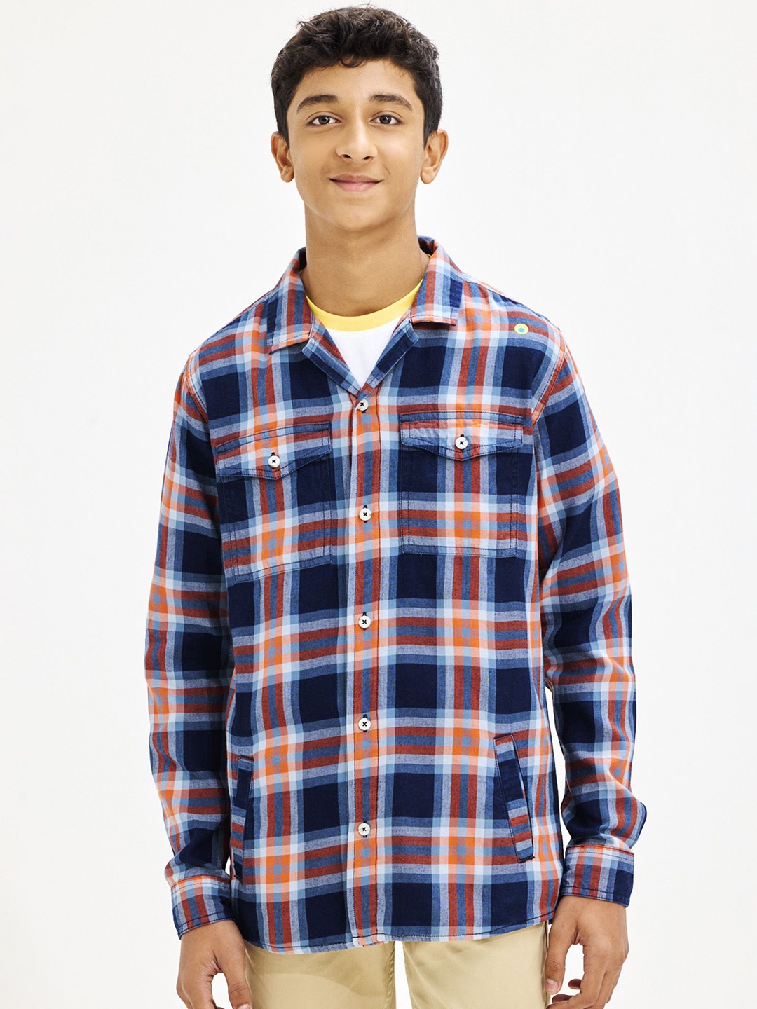 

NO MONDAYS Boys Relaxed Spread Collar Tartan Checked Cotton Casual Shirt, Red