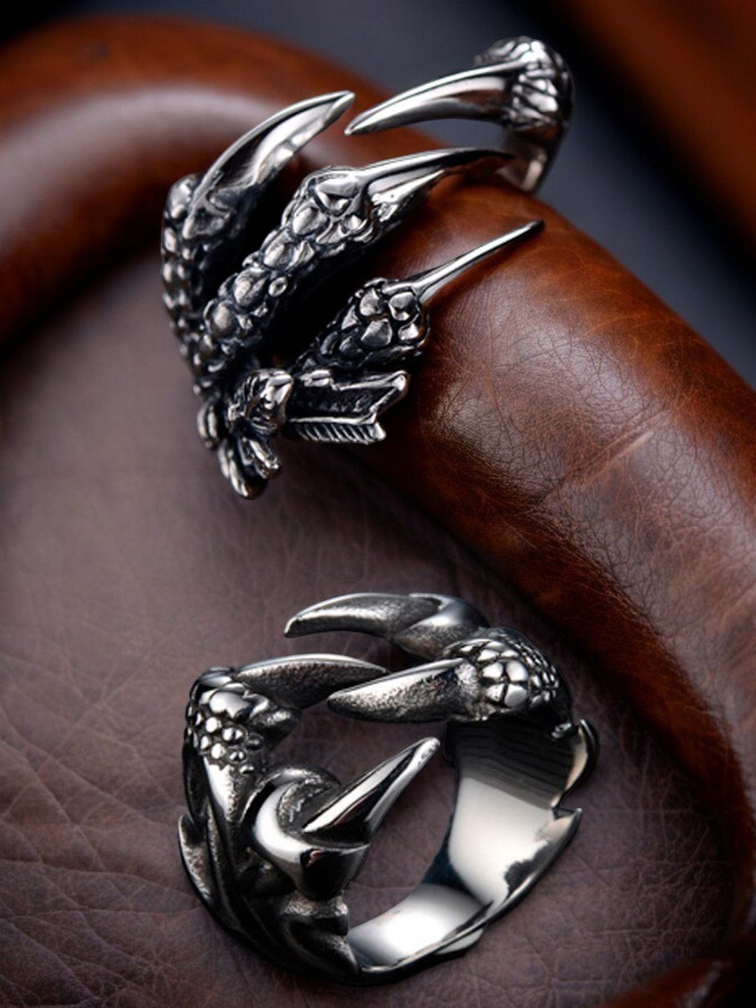 

fabula Men Set Of 2 Vintage Gothic Dragon Claw Biker Fashion Finger Rings, Silver