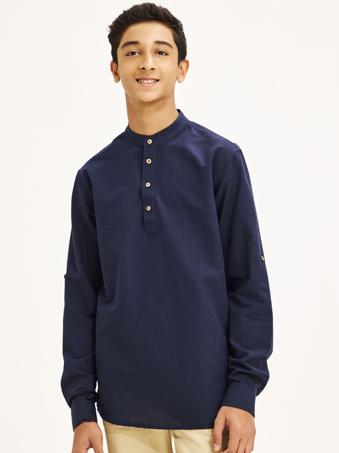 

NO MONDAYS Boys Relaxed Band Collar Solid Cotton Casual Shirt, Navy blue