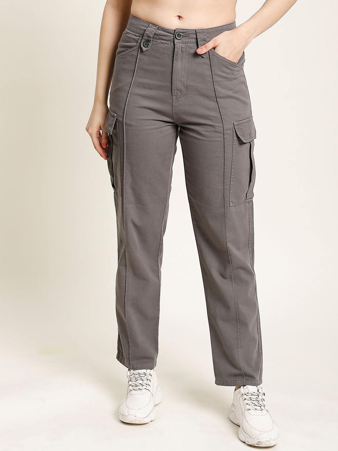 

The Roadster Lifestyle Co Women Pure Cotton Cargo Trouser, Grey