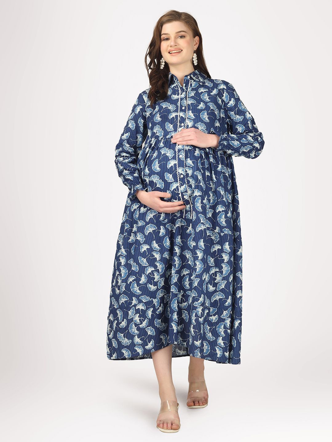 

angloindu Print Maternity Shirt Maxi Dress, Blue