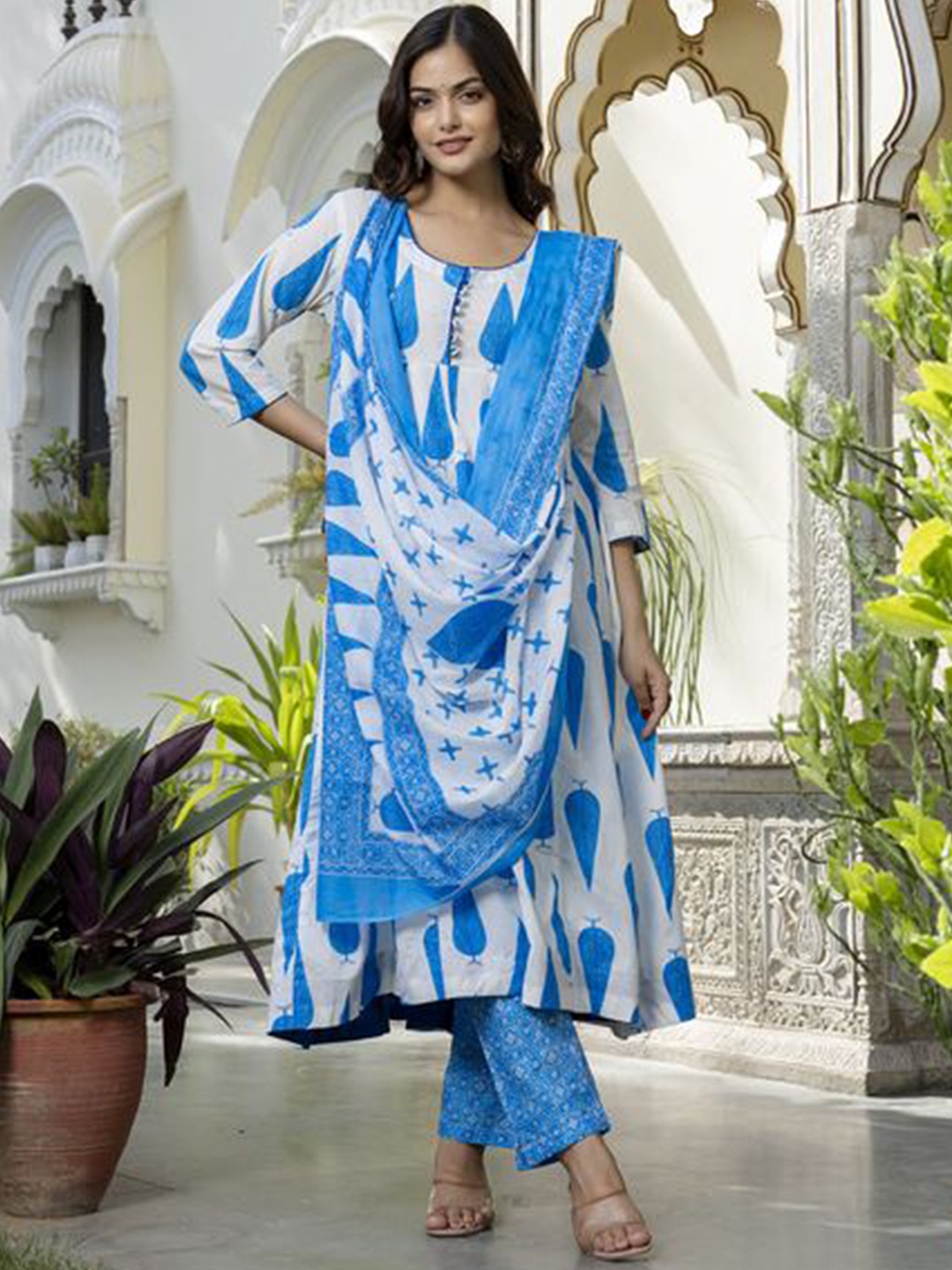 

KALINI Floral Printed Pure Cotton Anarkali Kurta With Trousers & Dupatta, Turquoise blue