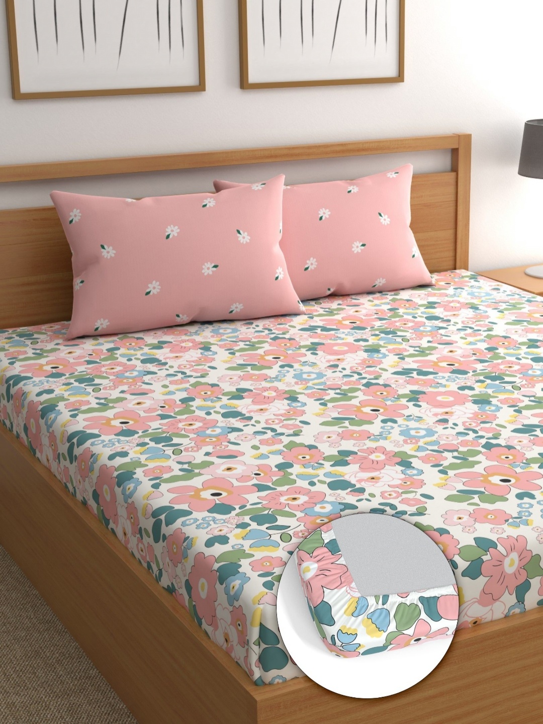 

CG HOMES Pink & White Printed 160 TC Cotton Queen Fitted Bedsheet with 2 Pillow Covers