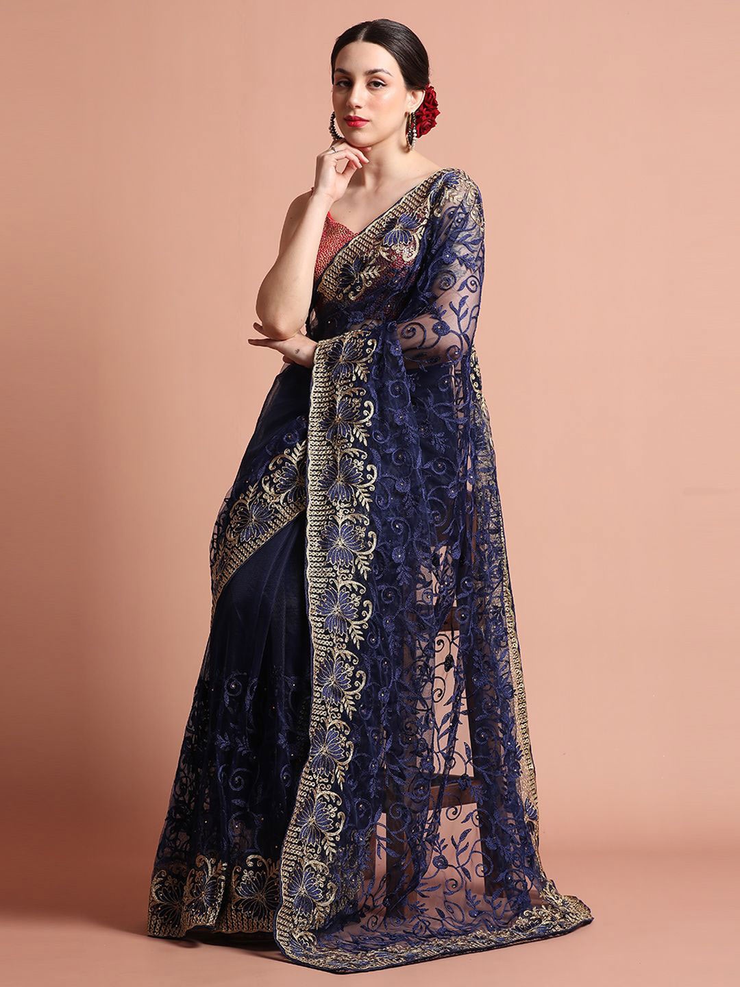 

Jaipur Kurti Heavy Floral Embroidered Net Party Wear Saree, Navy blue