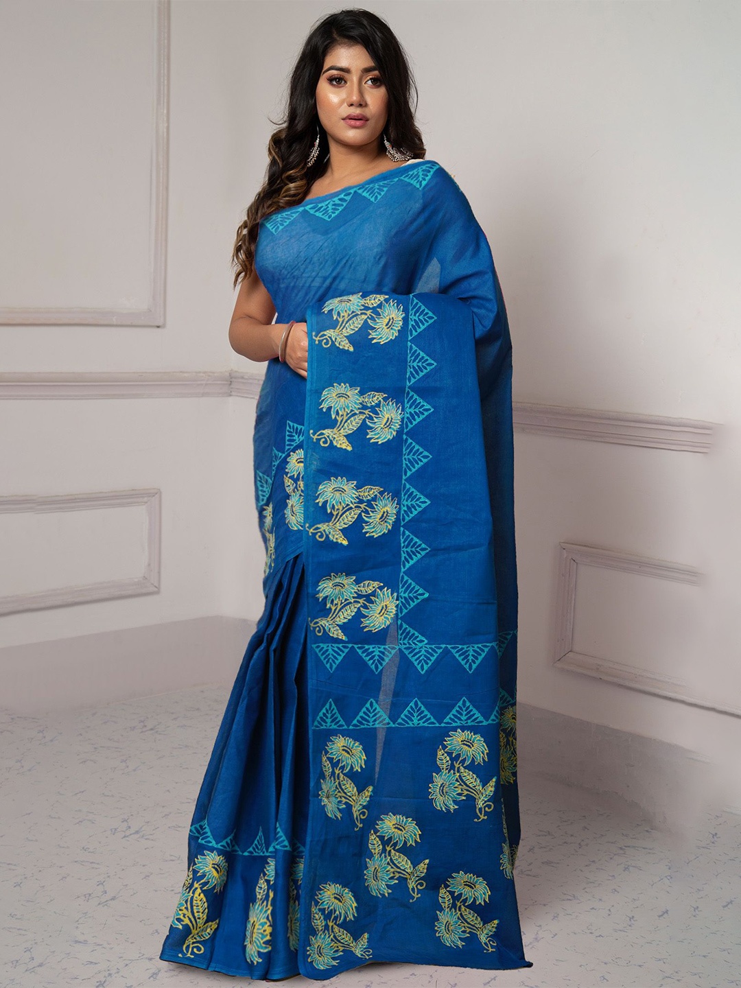 

Unnati Silks Ethnic Motifs Pure Cotton Block Print Saree, Blue