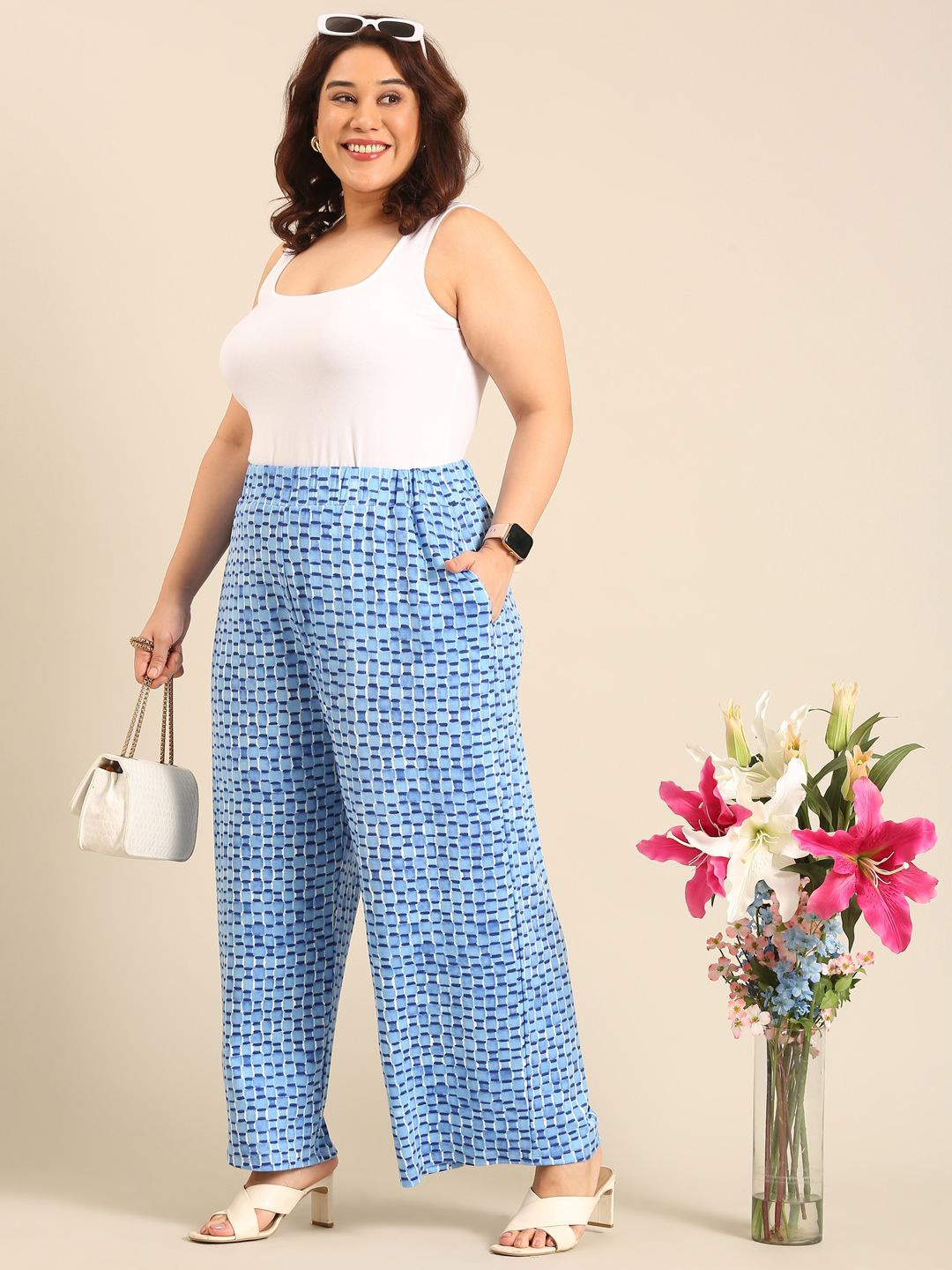 

The Pink Moon Women Printed Knitted Palazzos, Blue