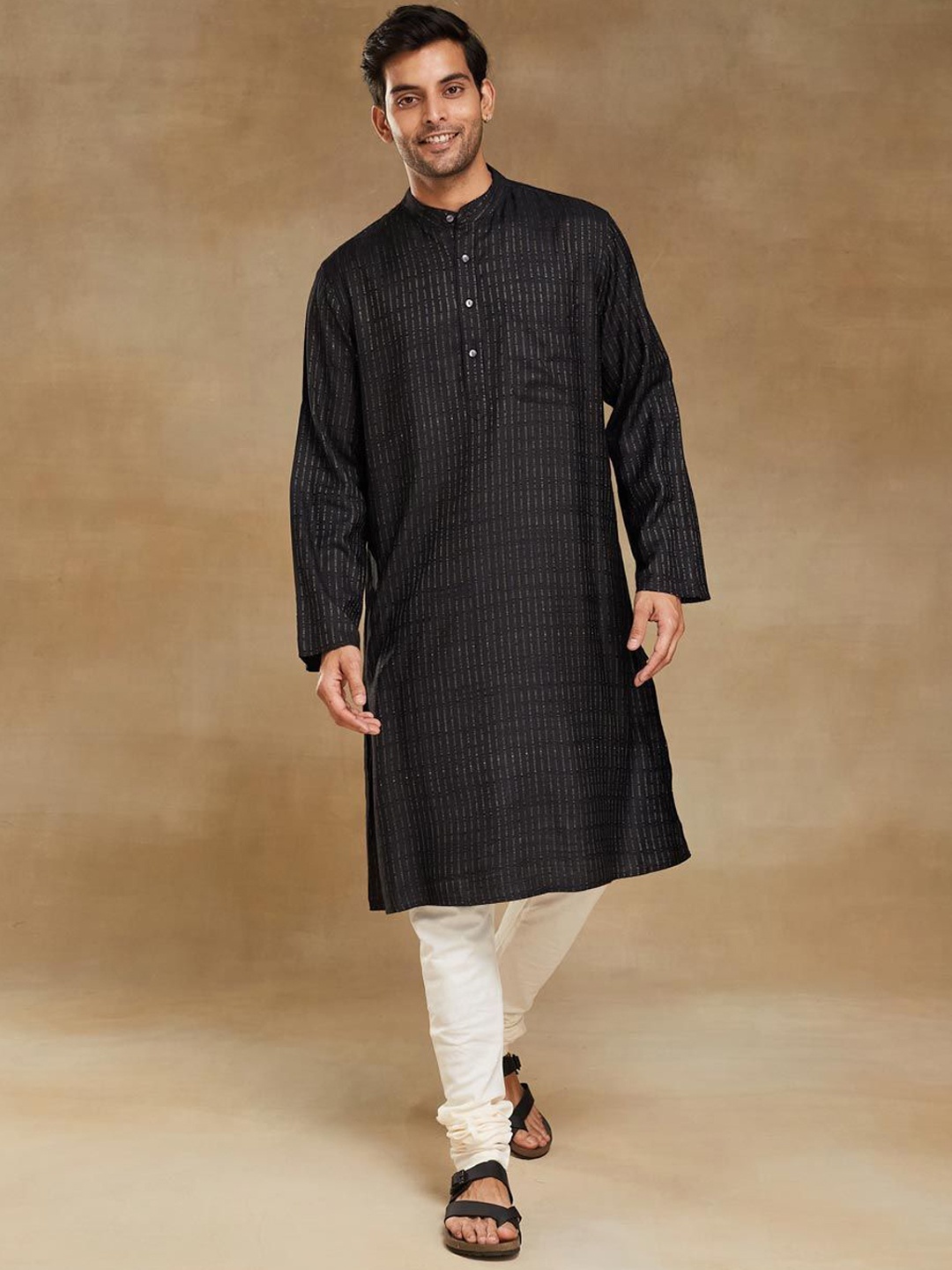 

Fabindia Band Collar Straight Kurta, Black