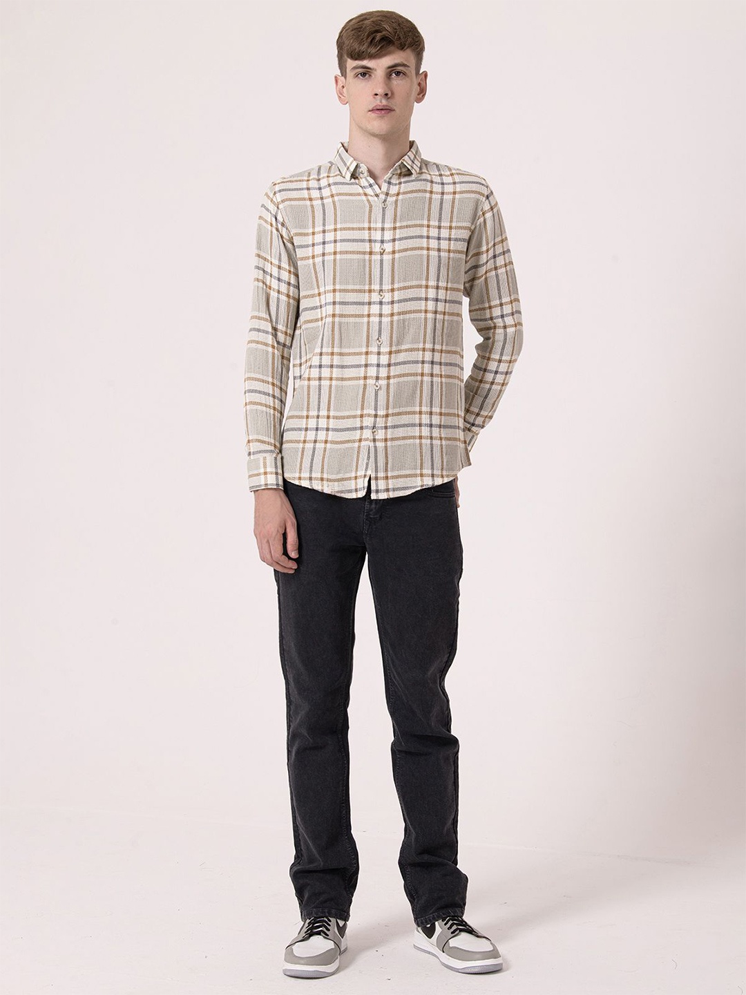 

Albion By CnM Men Spread Collar Tartan Checked Casual Shirt, Beige