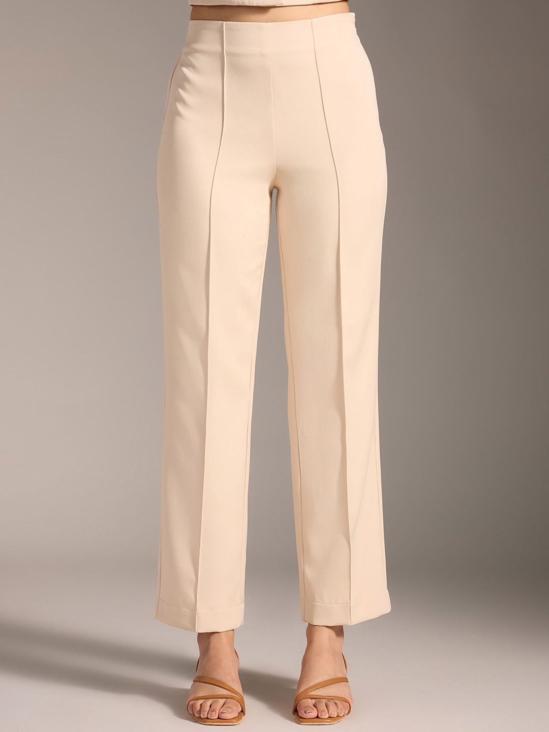 

20Dresses Women Slim Fit High-Rise Solid Trousers, Cream