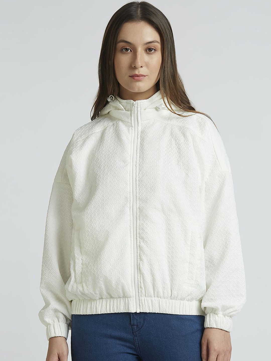 

Pepe Jeans Women Geometric Self Design Trapeze Jacket, White