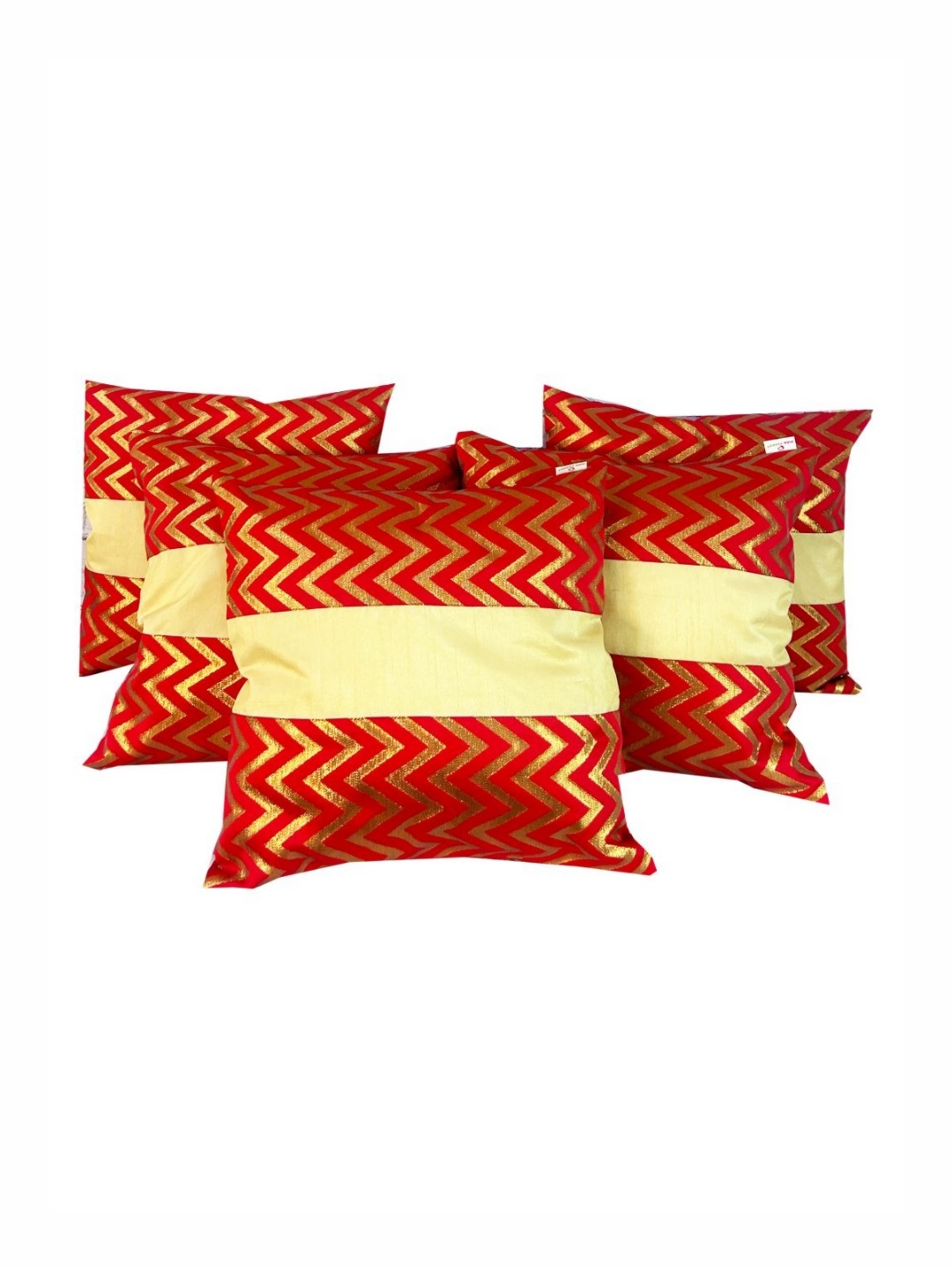 

Pink Parrot Red & Gold-Toned 5 Pieces Chevron Zari Square Cushion Covers