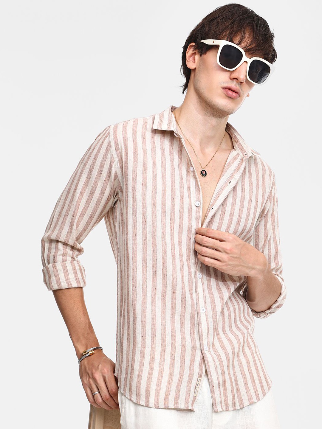 

Campus Sutra Men Comfort Spread Collar Striped Cotton Casual Shirt, Brown